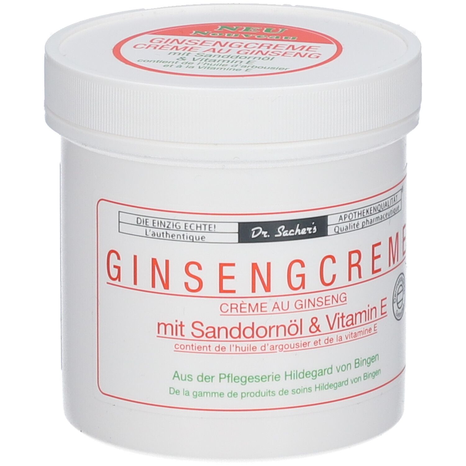 Pot blanc avec étiquette rouge. Inscription: Ginsengcreme mit Sanddornöl & Vitamin E. Marque: Dr. Sacher's.