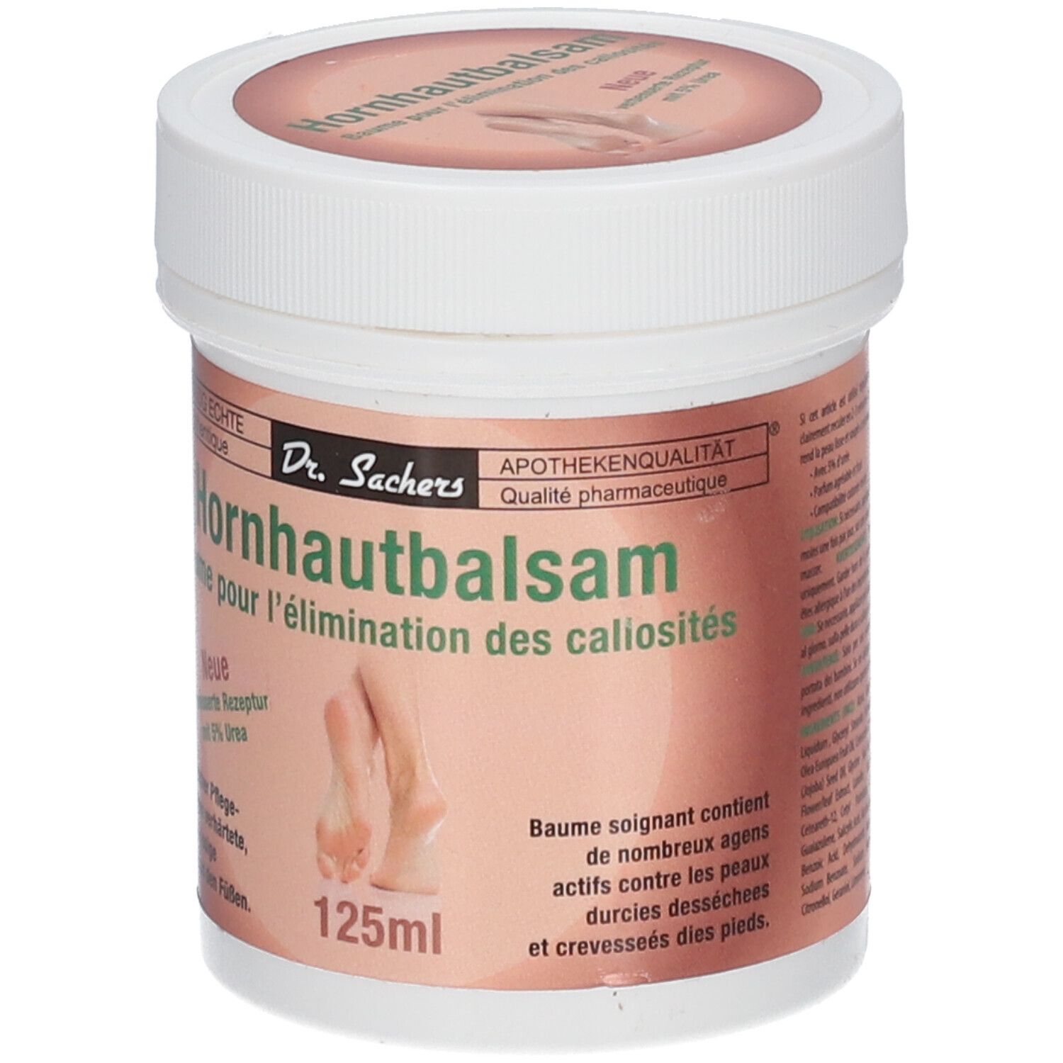 Pot blanc avec couvercle. Inscription: Dr. Sachers Hornhautbalsam. 125ml. Image de pieds.