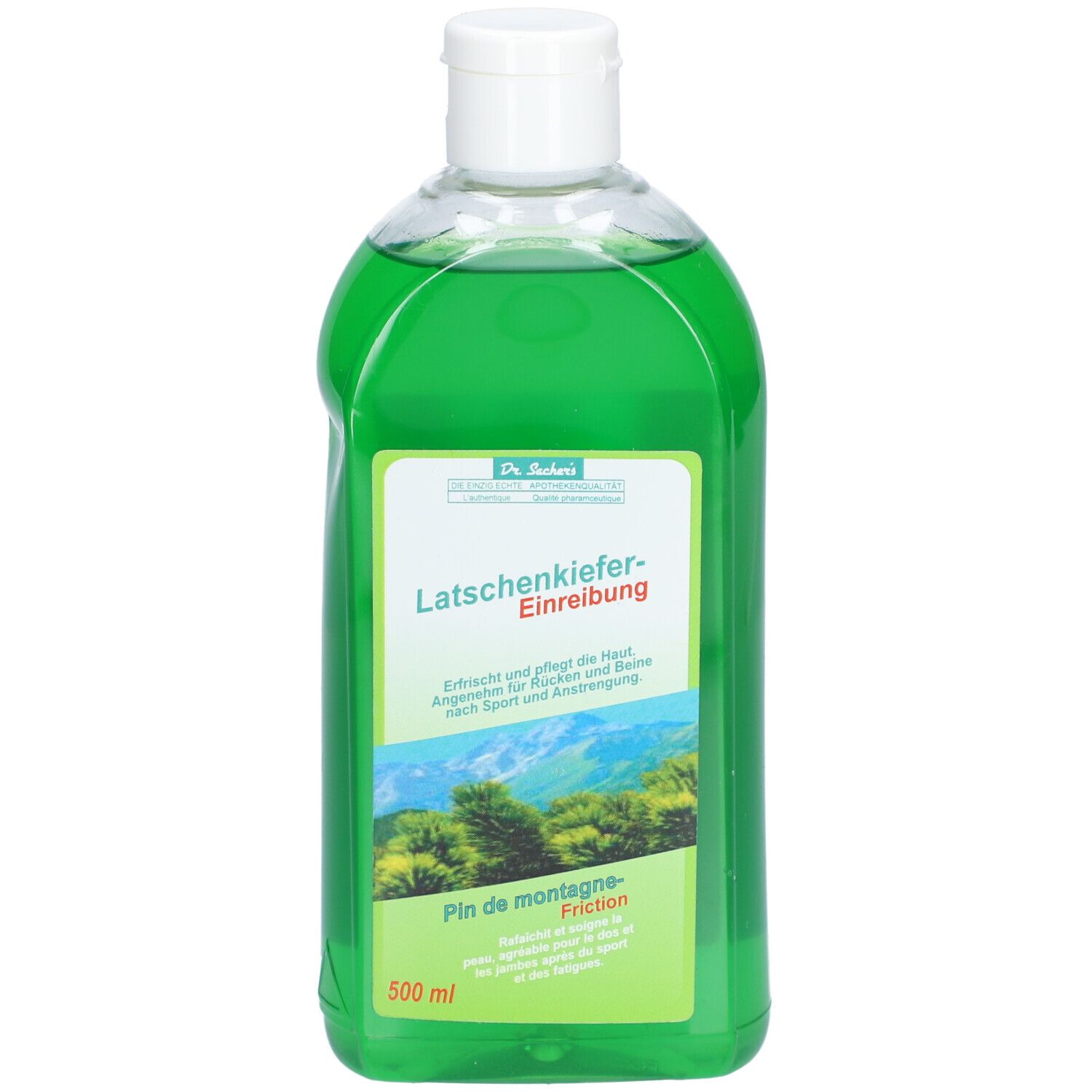 Liquide vert dans une bouteille transparente avec bouchon blanc. Étiquette avec paysage de montagne et texte.