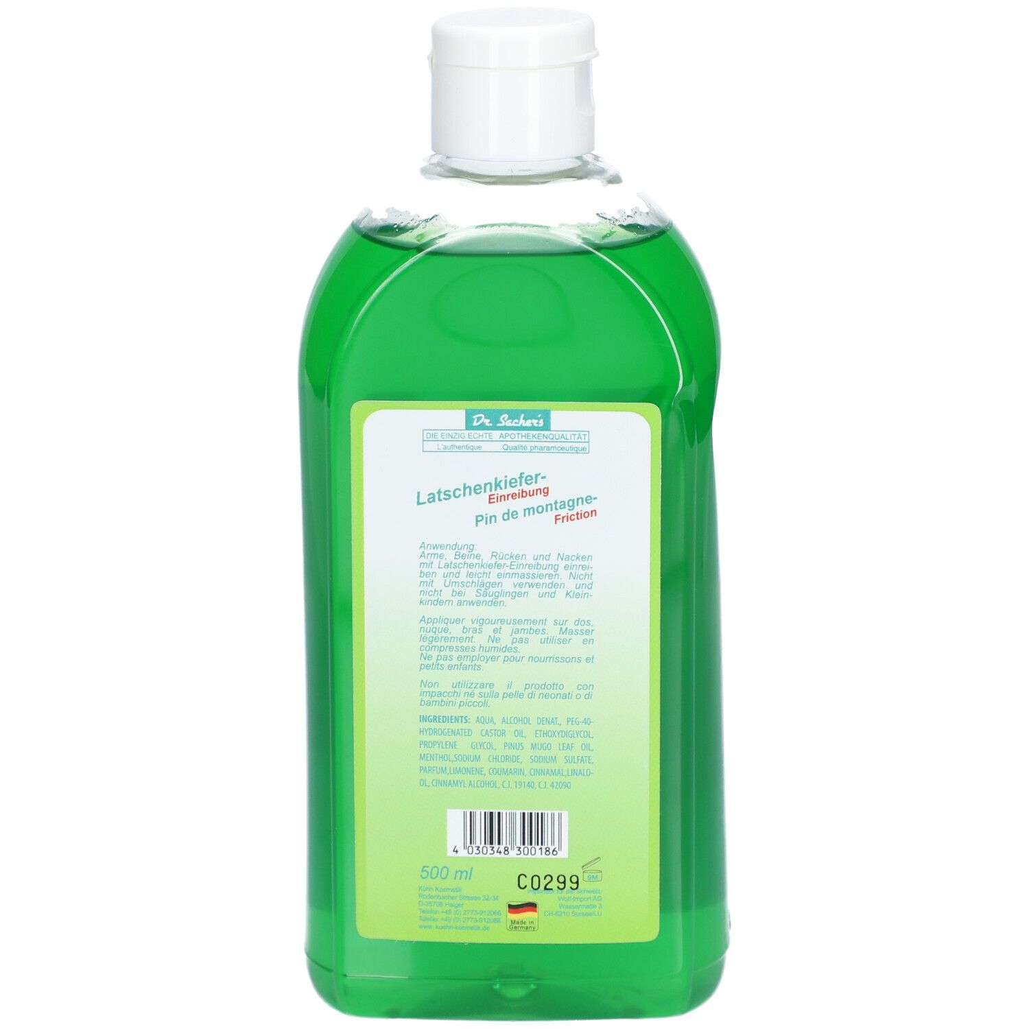 Arrière d'une bouteille transparente avec liquide vert. Étiquette avec texte et code-barres.