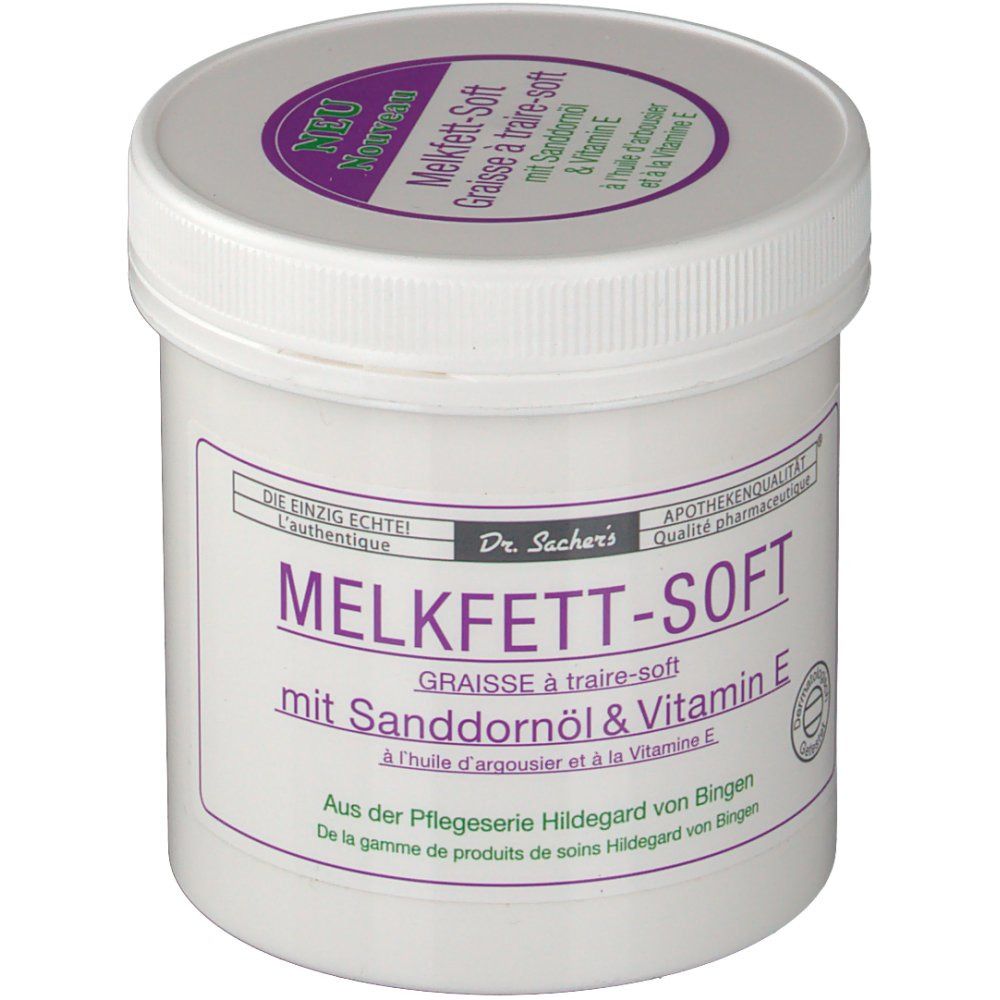 Pot blanc avec couvercle violet et inscription MELKFETT-SOFT. Produit Dr. Sachers. Texte en allemand et français.