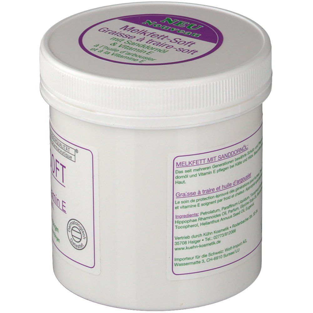 Pot blanc avec couvercle violet. Inscription MELKFETT-SOFT. Texte en allemand et français. Produit Dr. Sachers.