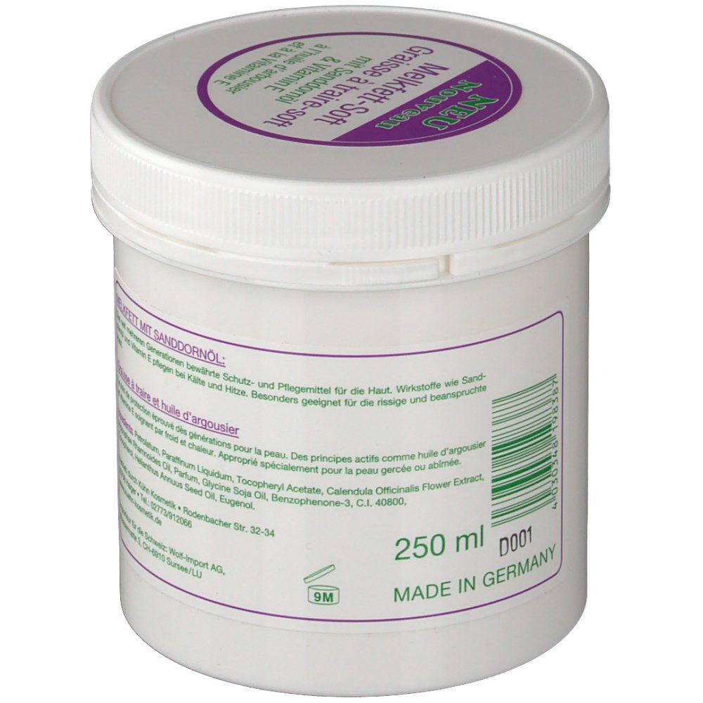 Pot blanc avec couvercle violet. Inscription MELKFETT-SOFT. Texte en allemand et français. 250 ml. Fabriqué en Allemagne.
