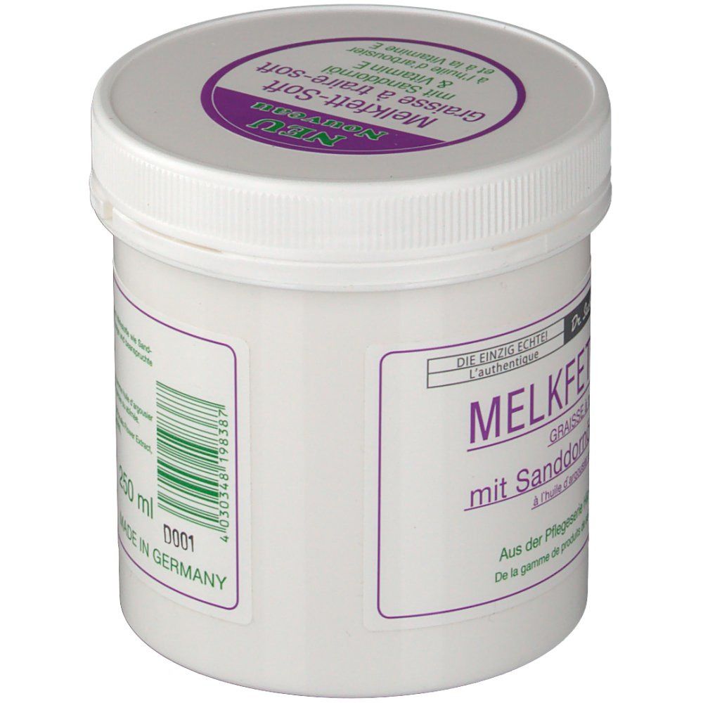 Pot blanc avec couvercle violet. Inscription MELKFETT-SOFT. Texte en allemand et français. 250 ml. Fabriqué en Allemagne.