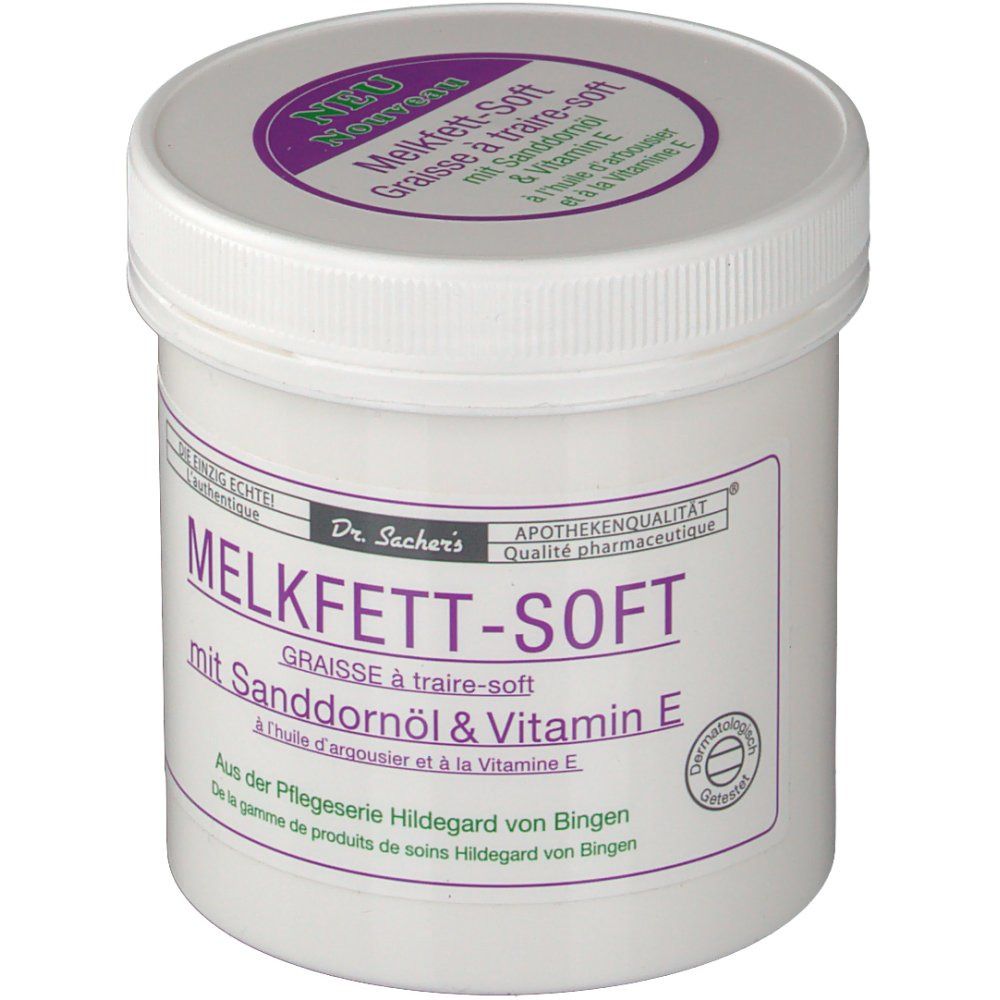 Pot blanc avec couvercle violet et inscription MELKFETT-SOFT. Produit Dr. Sachers. Texte en allemand et français.