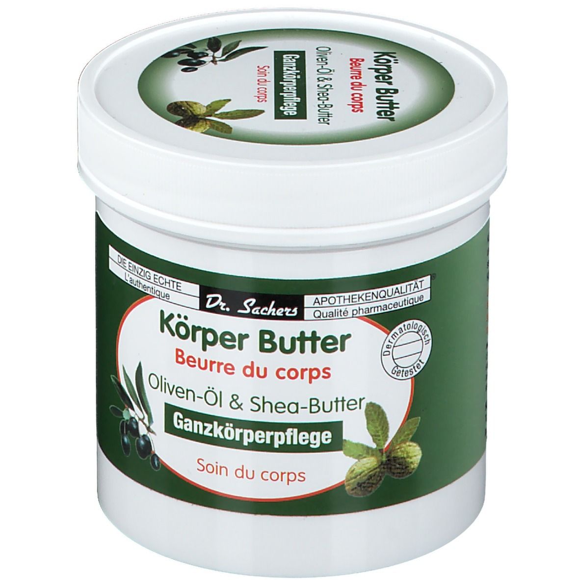 Pot blanc avec étiquette verte. Inscription : Körper Butter, Oliven-Öl & Shea-Butter. Qualité pharmacie. Testé dermatologiquement.