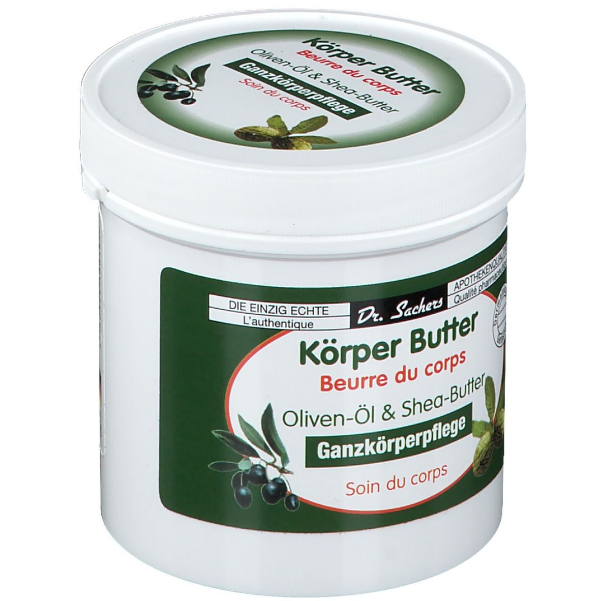 Pot blanc avec étiquette verte. Inscription : Körper Butter, Oliven-Öl & Shea-Butter. Soin du corps. Qualité pharmacie.