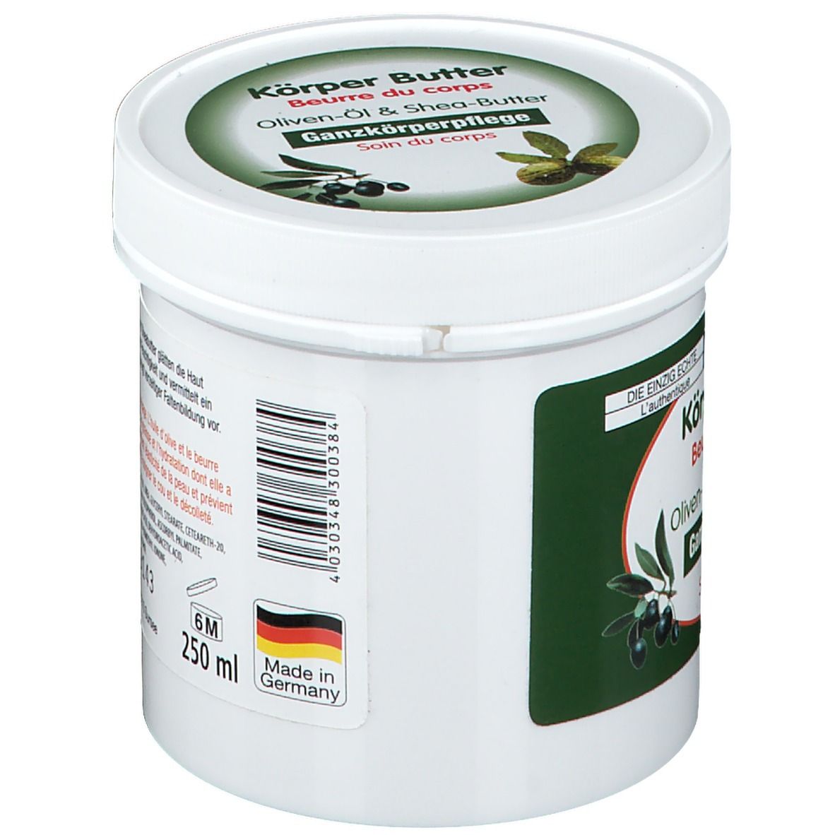 Pot blanc, vue latérale. Étiquette verte avec texte. Inscription : Körper Butter. 250 ml. Fabriqué en Allemagne. 6M.