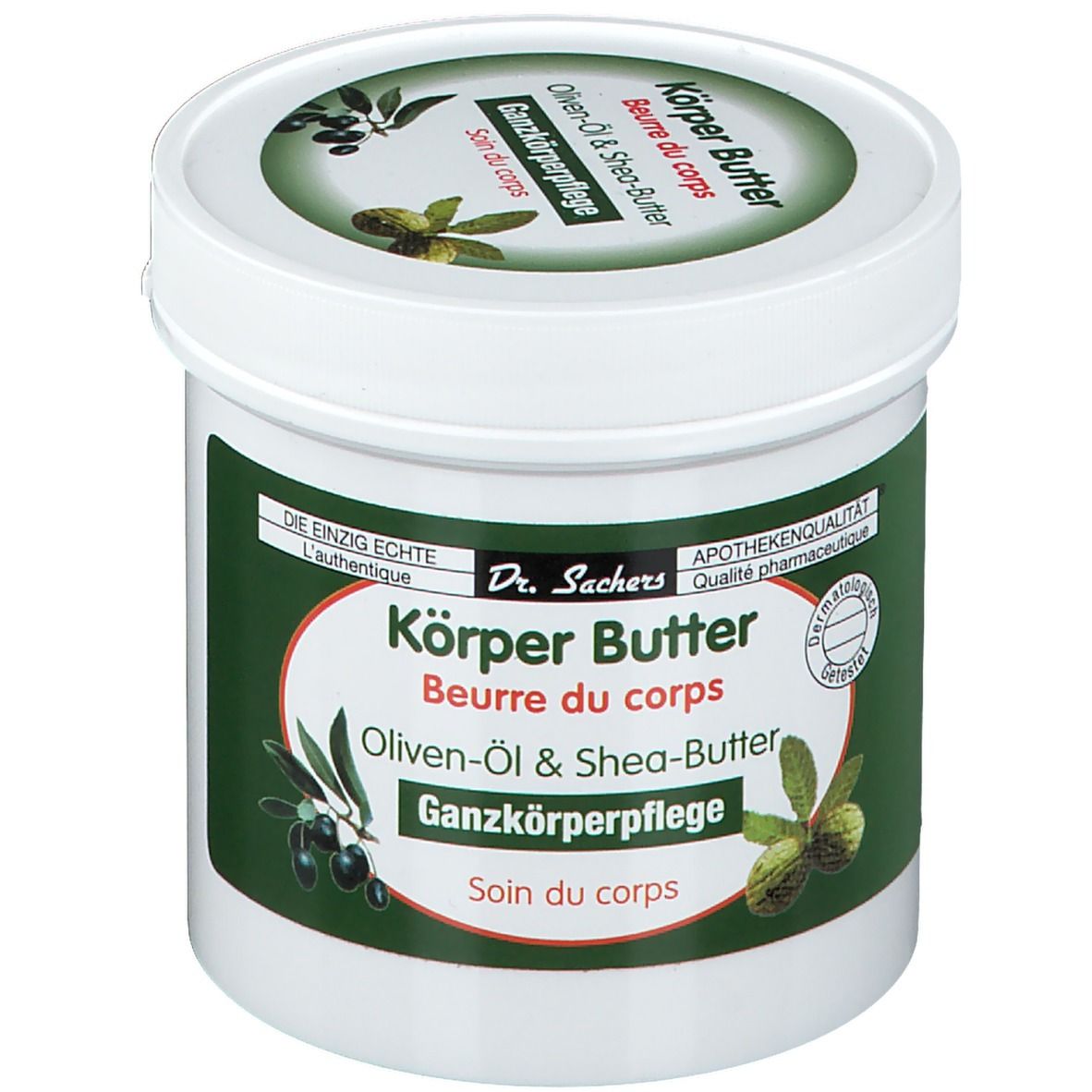 Pot blanc avec étiquette verte. Inscription : Körper Butter, Oliven-Öl & Shea-Butter. Qualité pharmacie.