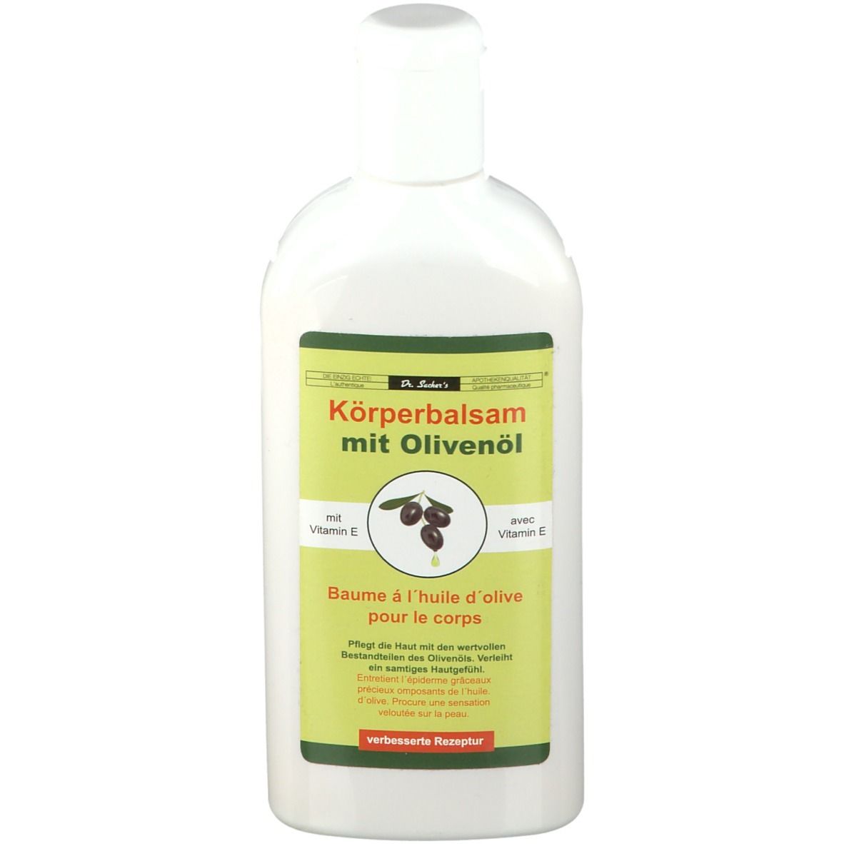 Flacon blanc avec étiquette verte. Texte : Köperbalsam mit Olivenöl. Illustration d'olives. Avec vitamine E.