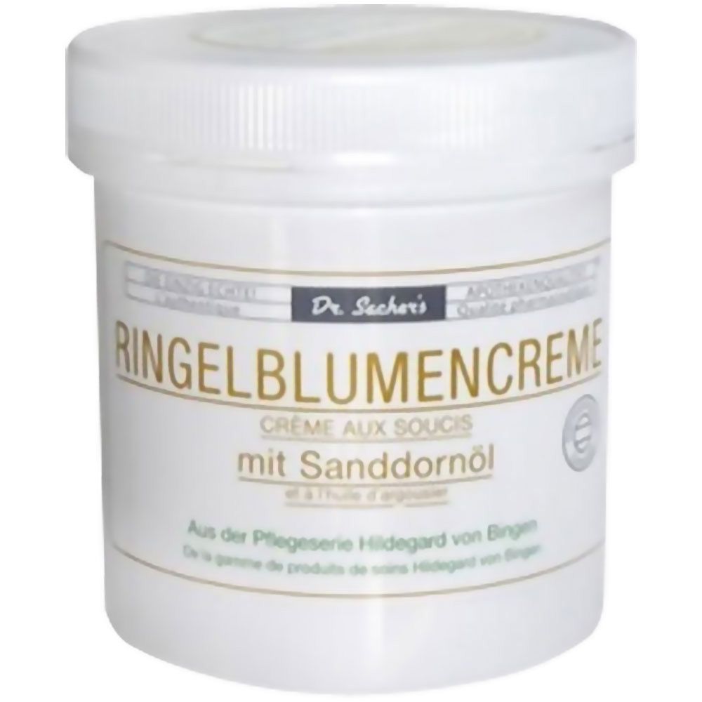 Pot blanc avec inscription Ringelblumencreme mit Sanddornöl. Marque : Dr. Sachers. Qualité pharmacie.