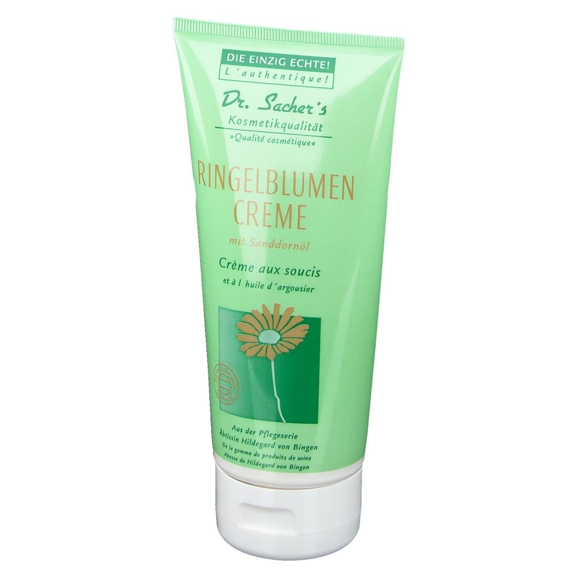 Tube vert de crème. Inscription: Dr. Sacher's Ringelblumen Creme. Illustration florale. Bouchon blanc.