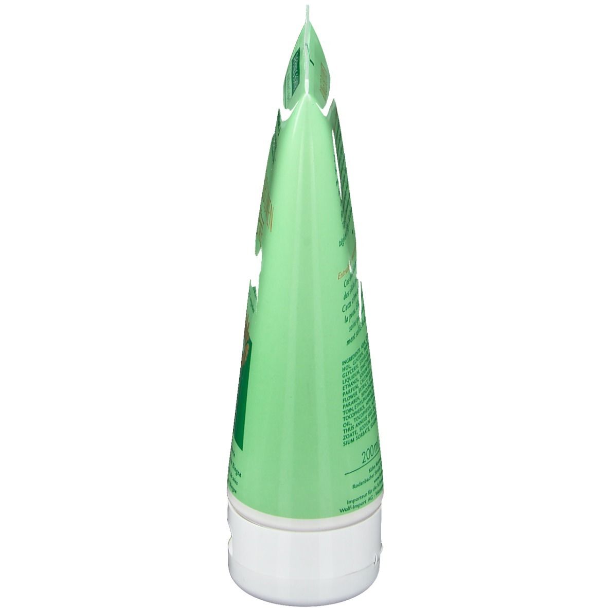 Tube vert, vue latérale. Bouchon blanc. Extrémité du tube pliée.