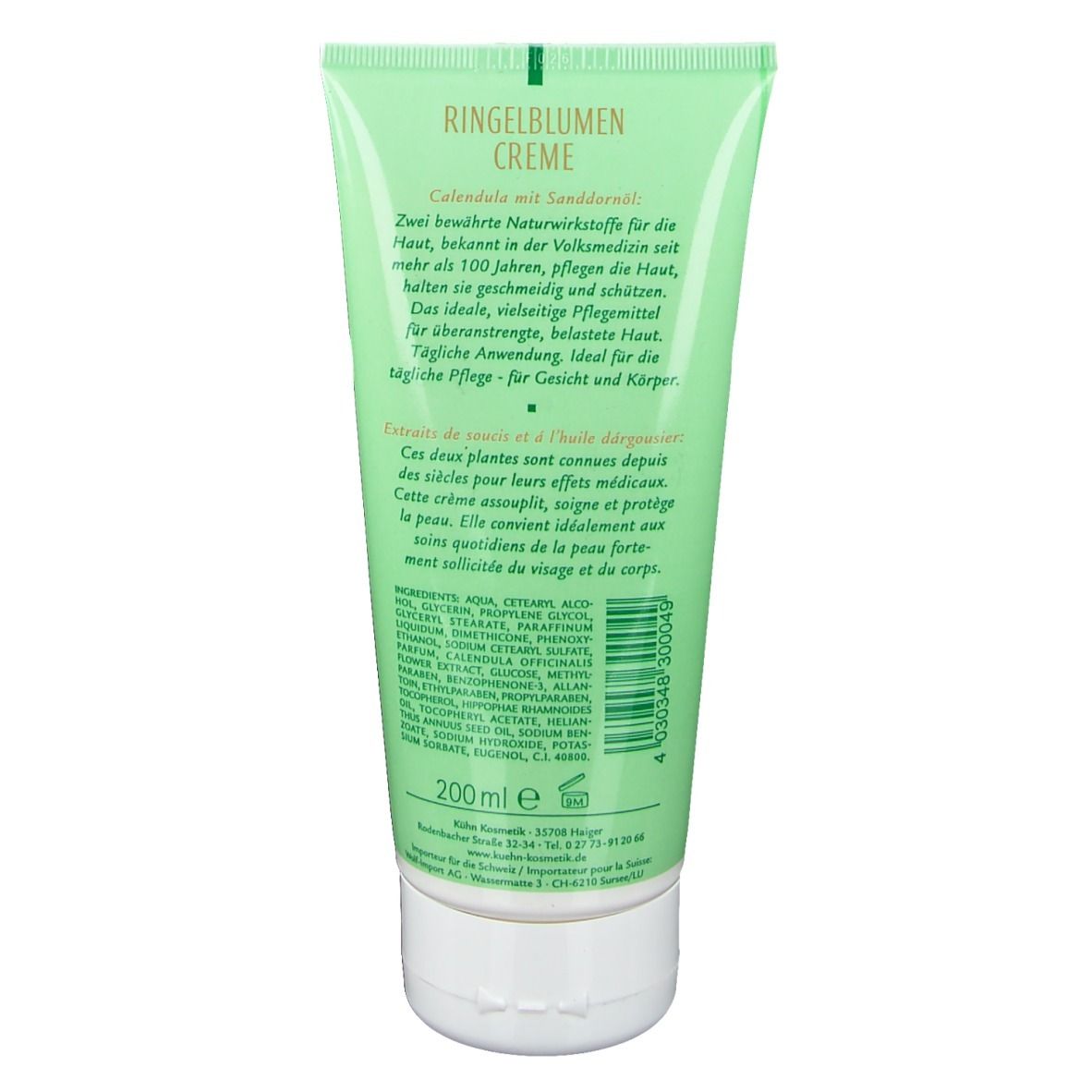 Dos du tube vert. Texte: Ringelblumen Creme mit Sanddornöl. Ingrédients et informations fabricant. 200 ml.
