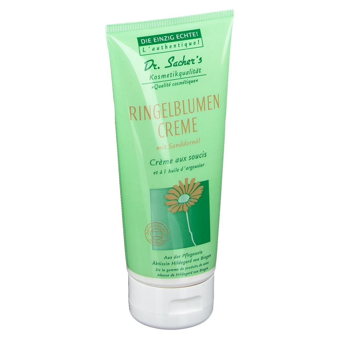 Tube vert de crème. Inscription: Dr. Sacher's Ringelblumen Creme. Illustration florale. Bouchon blanc.