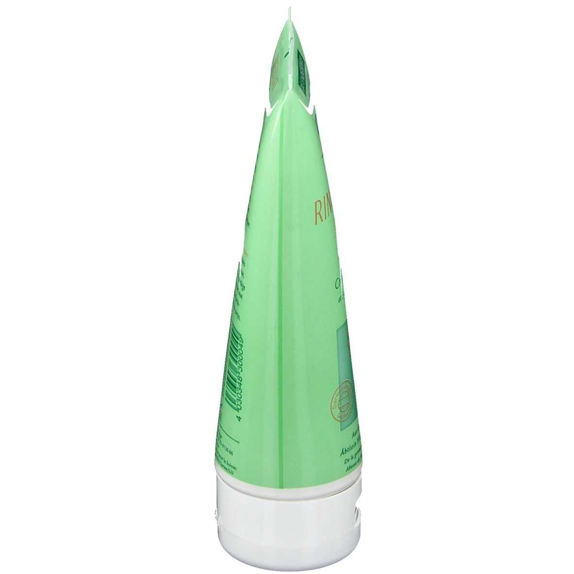 Tube vert, vue latérale. Bouchon blanc. Extrémité du tube pliée.