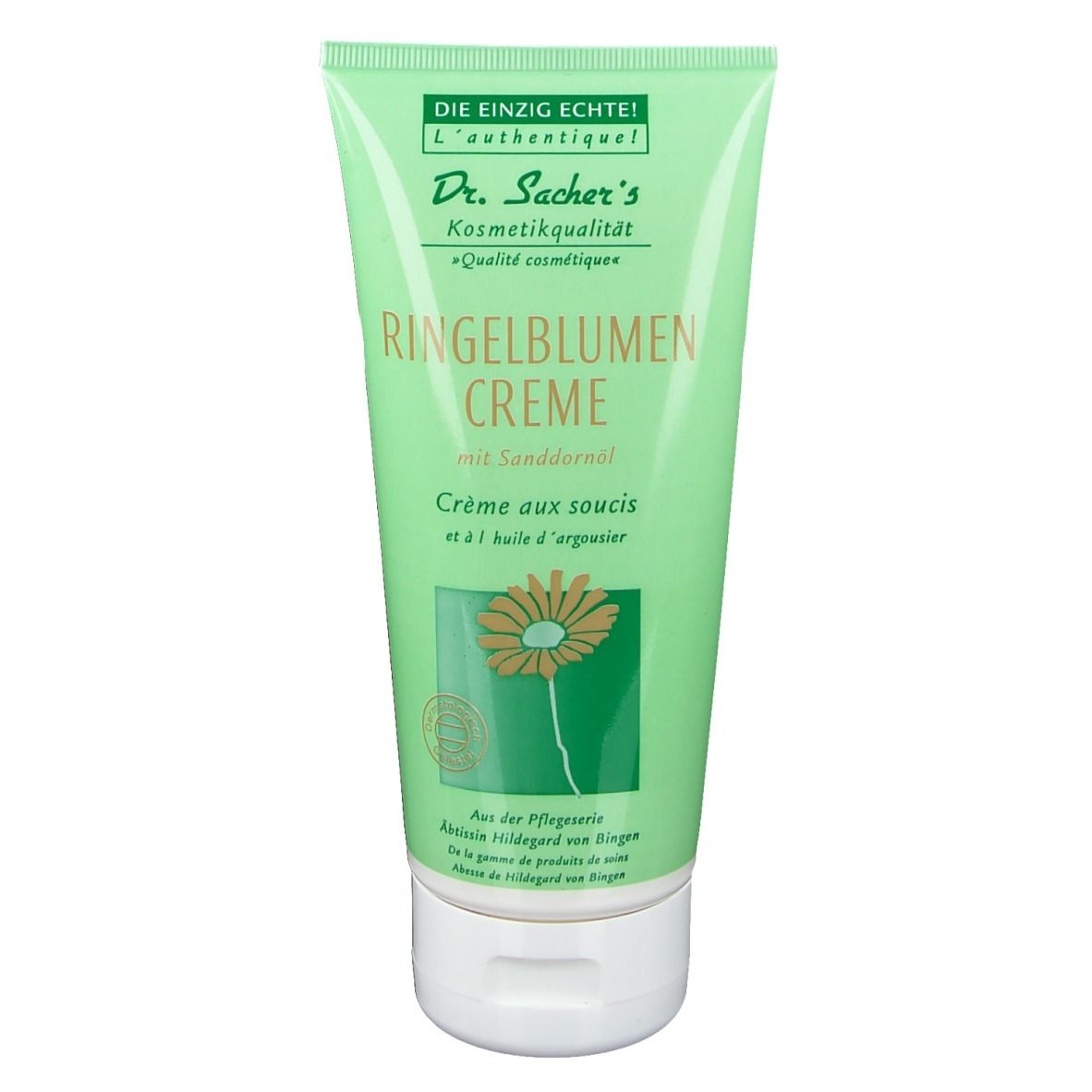 Tube verte de crème. Inscription: Dr. Sacher's Ringelblumen Creme. Illustration florale. Bouchon blanc.