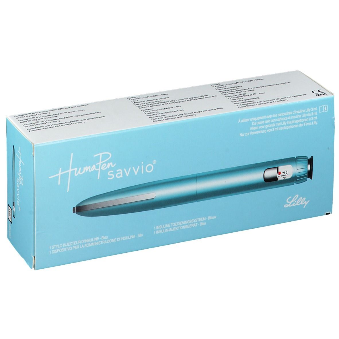 Humapen savvio bleu dans son emballage. Boîte bleu clair avec image du produit et texte. Logo Lilly.
