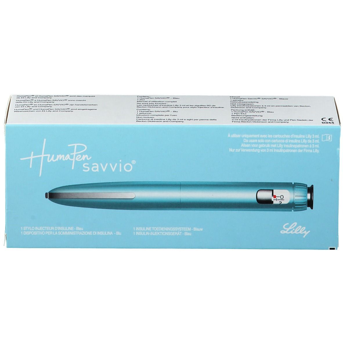 Humapen savvio bleu dans son emballage. Boîte bleu clair avec image du produit et texte. Logo Lilly.