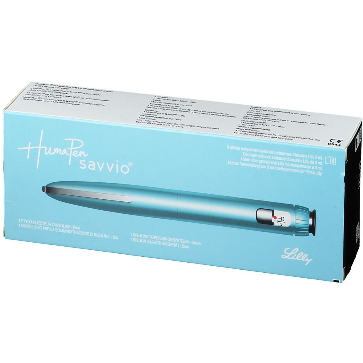Humapen savvio bleu dans son emballage. Boîte bleu clair avec image du produit et texte. Logo Lilly.