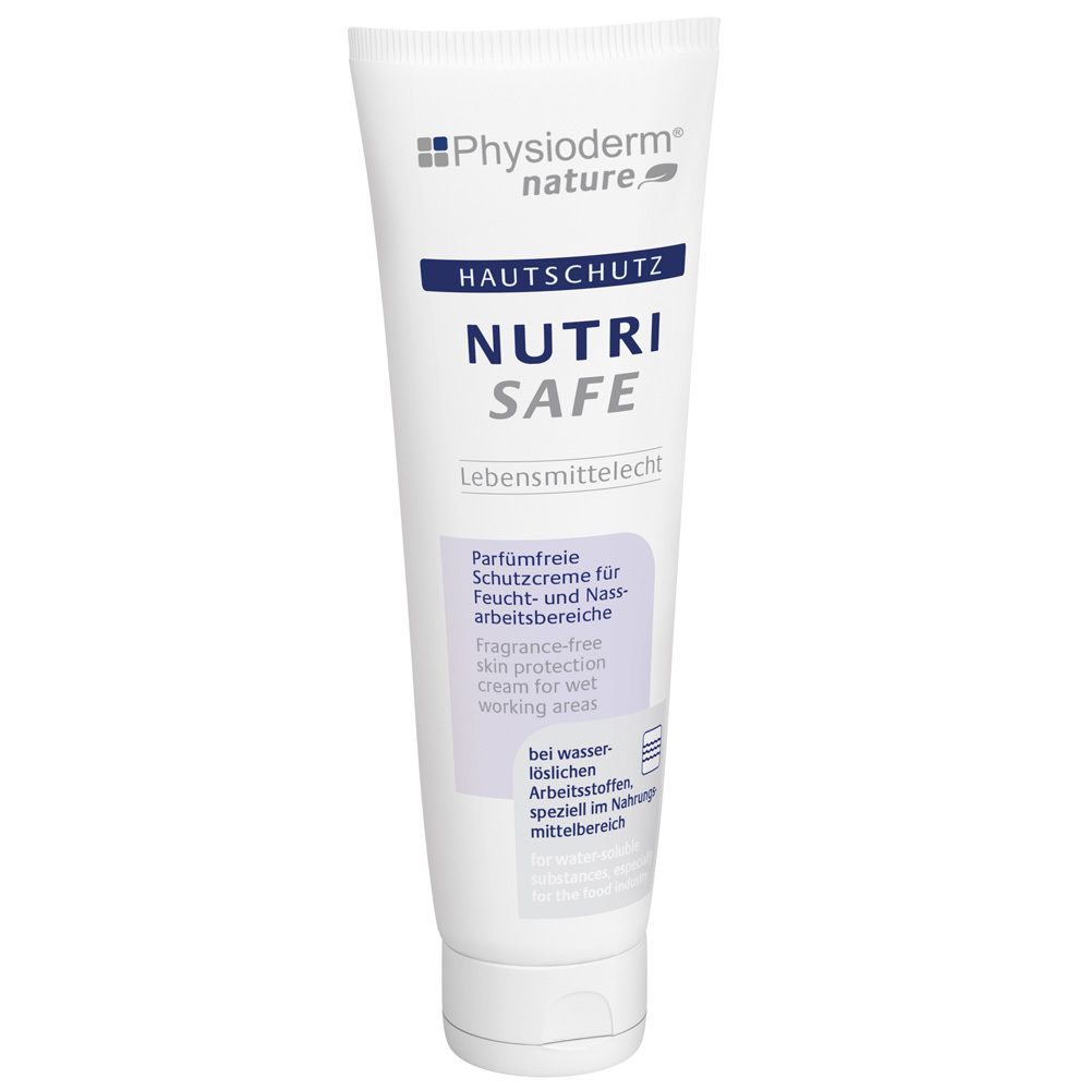 Tube blanc avec impression bleue et grise. Inscription : PHYSIODERM NUTRI SAFE, protection cutanée. Texte en allemand et en anglais.