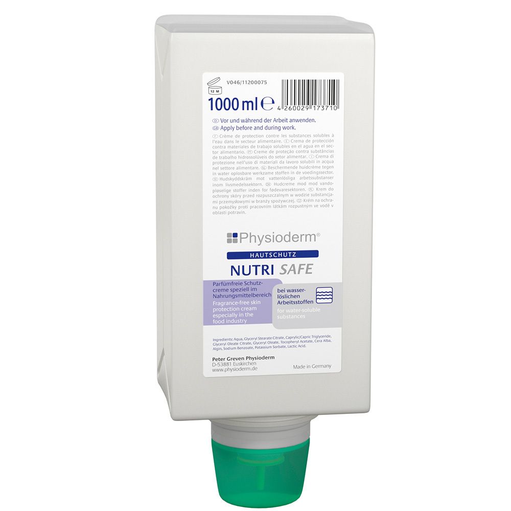 Distributeur blanc avec sortie verte. Inscription : Physioderm NUTRI SAFE Hautschutz. 1000 ml.