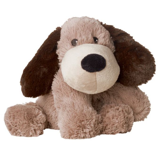 Chien en peluche beige avec oreilles marron. Nez noir, museau blanc. Position assise.