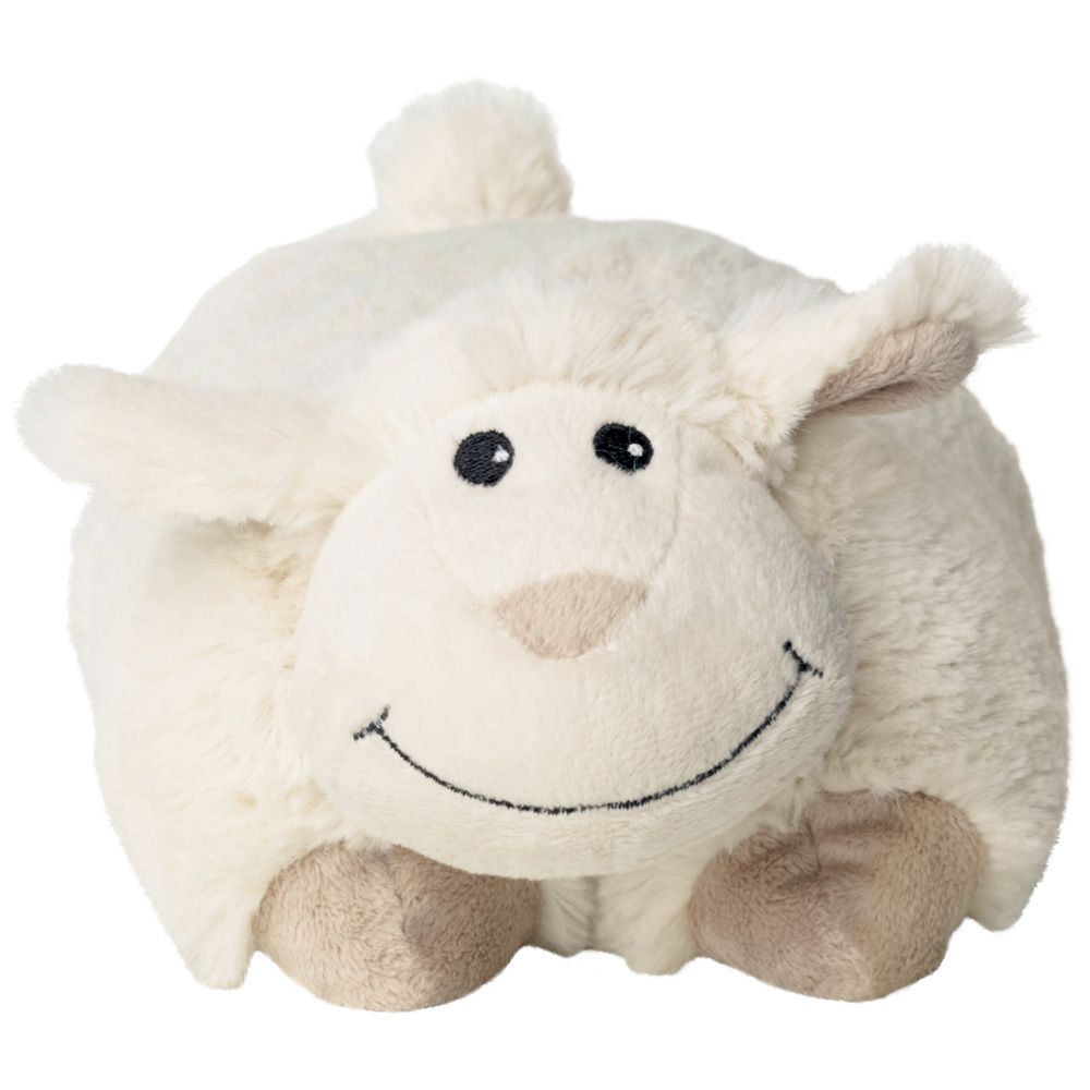 Coussin chauffant en forme de mouton blanc. Matière douce, oreilles, yeux et bouche. Forme ronde.