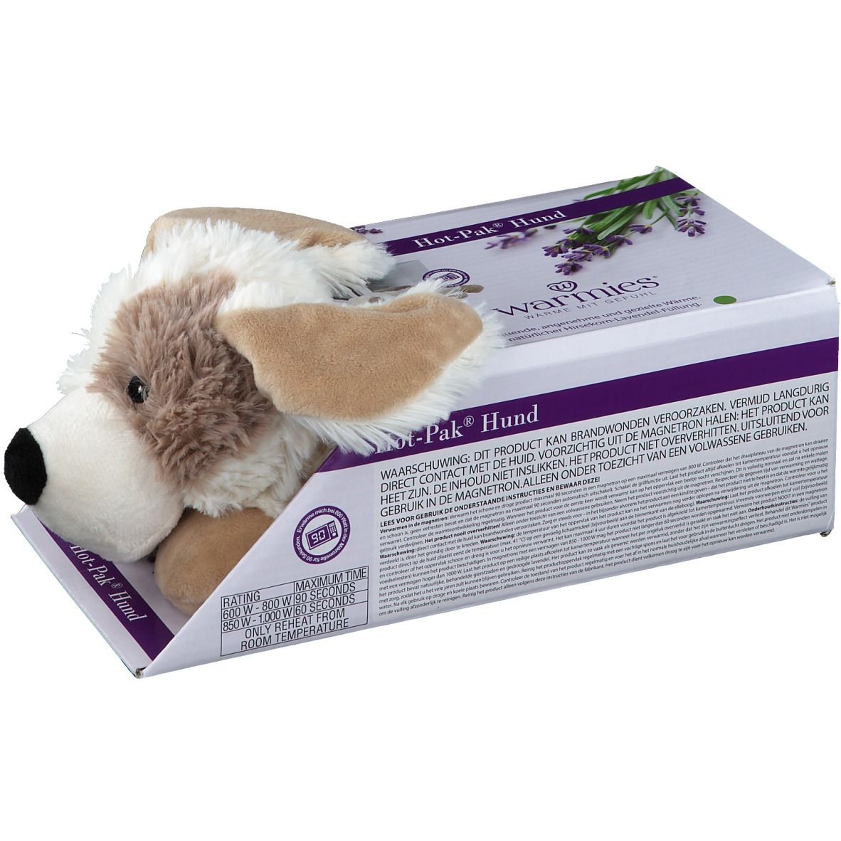 Warmies Hot Pak Hund, peluche dans son emballage. Design chien blanc et marron, yeux et nez noirs. Emballage avec texte et motif lavande.