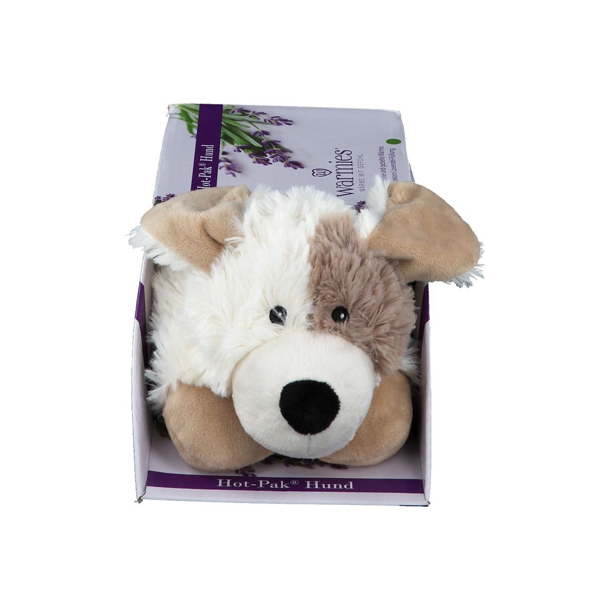 Warmies Hot Pak Hund, peluche dans son emballage. Design chien blanc et marron, yeux et nez noirs. Emballage avec texte et motif lavande.