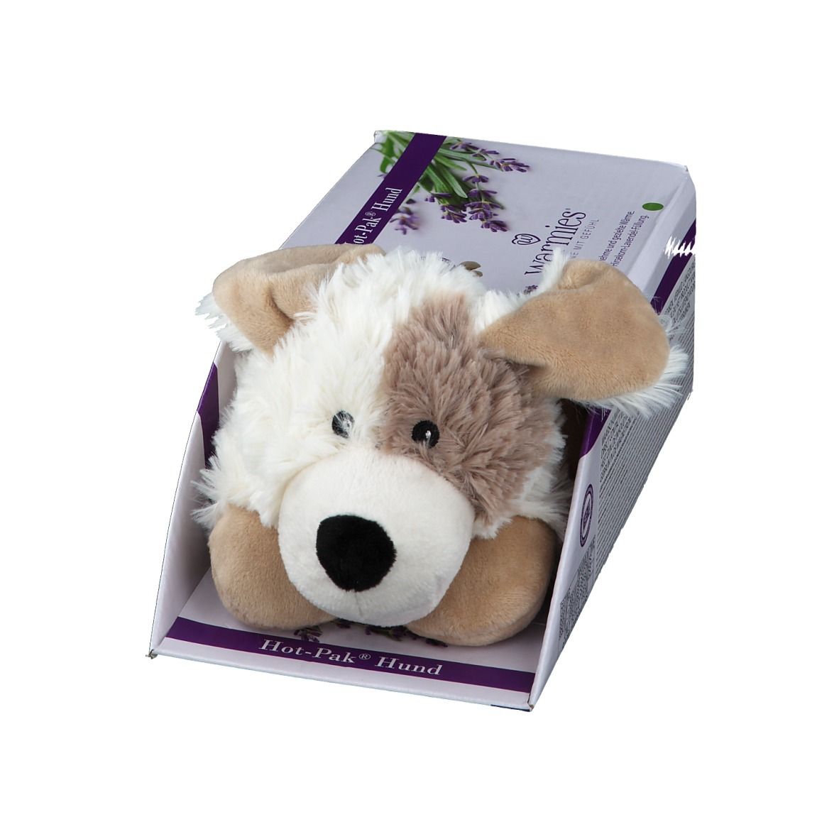 Warmies Hot Pak Hund, peluche dans son emballage. Design chien blanc et marron, yeux et nez noirs. Emballage avec texte et motif lavande.