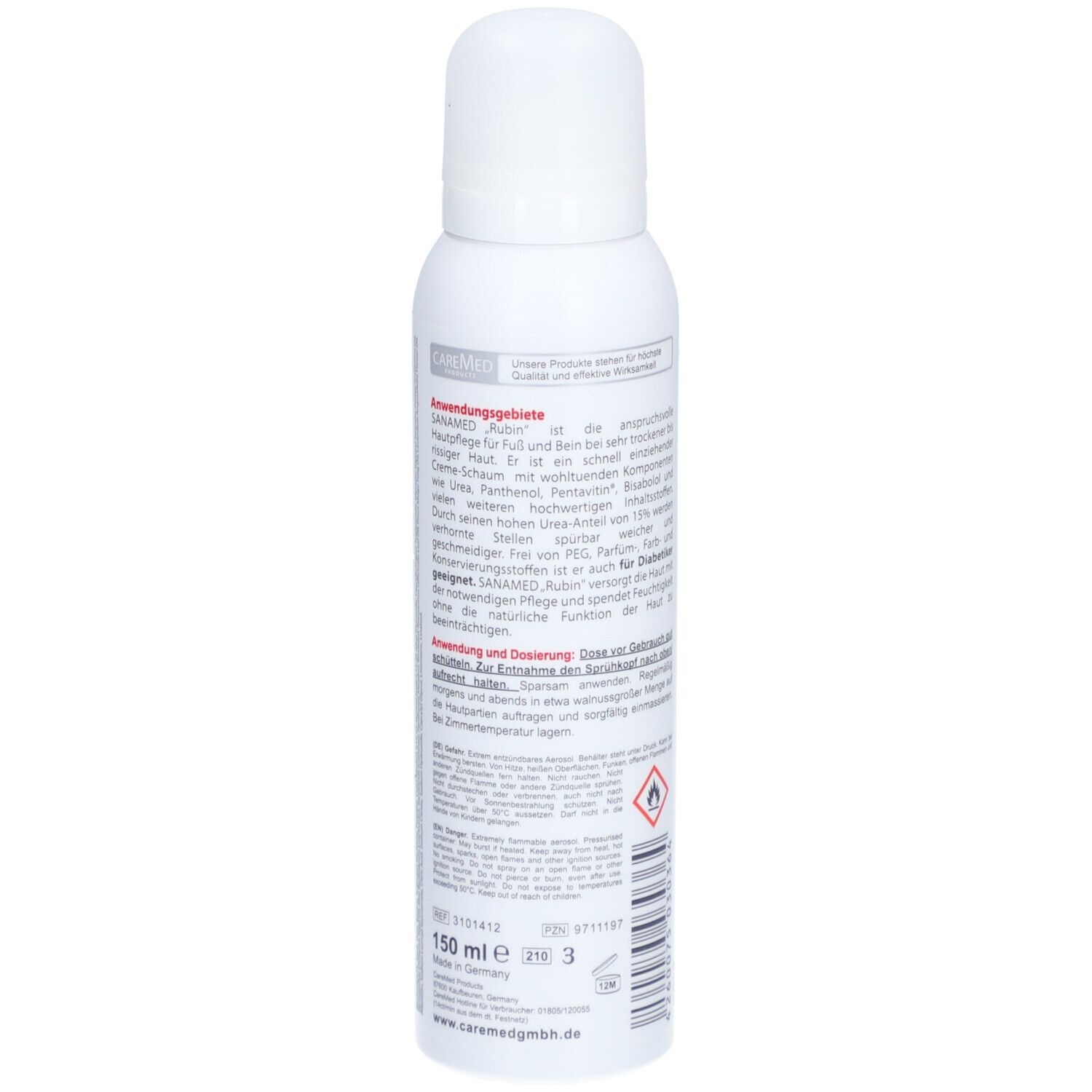 Flacon blanc, vue latérale. Texte: SANAMED, FUSSCREME-SCHAUM. Étiquette avec texte. Volume: 150 ml.