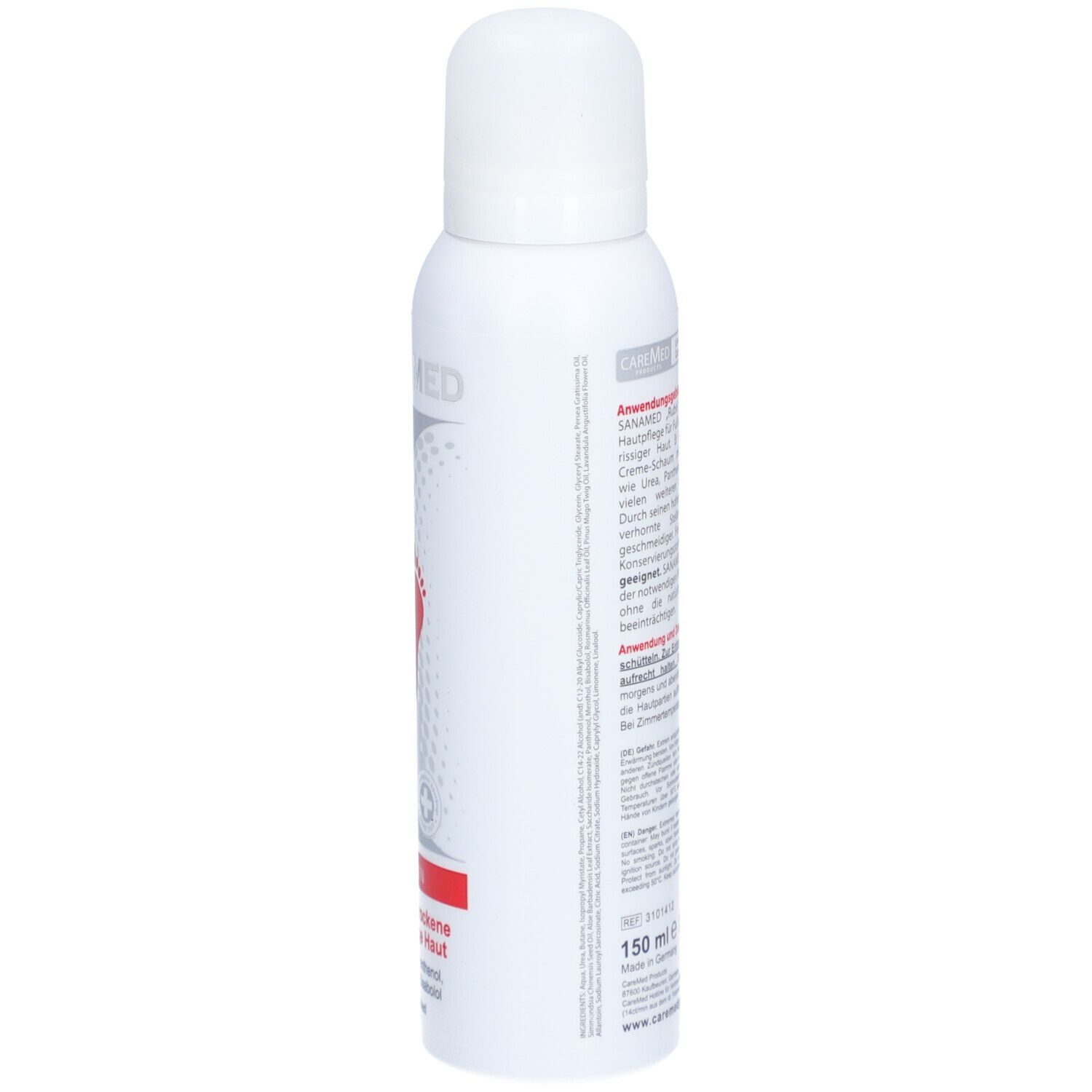 Flacon blanc, vue latérale. Texte: SANAMED, FUSSCREME-SCHAUM. Étiquette avec texte. Volume: 150 ml.