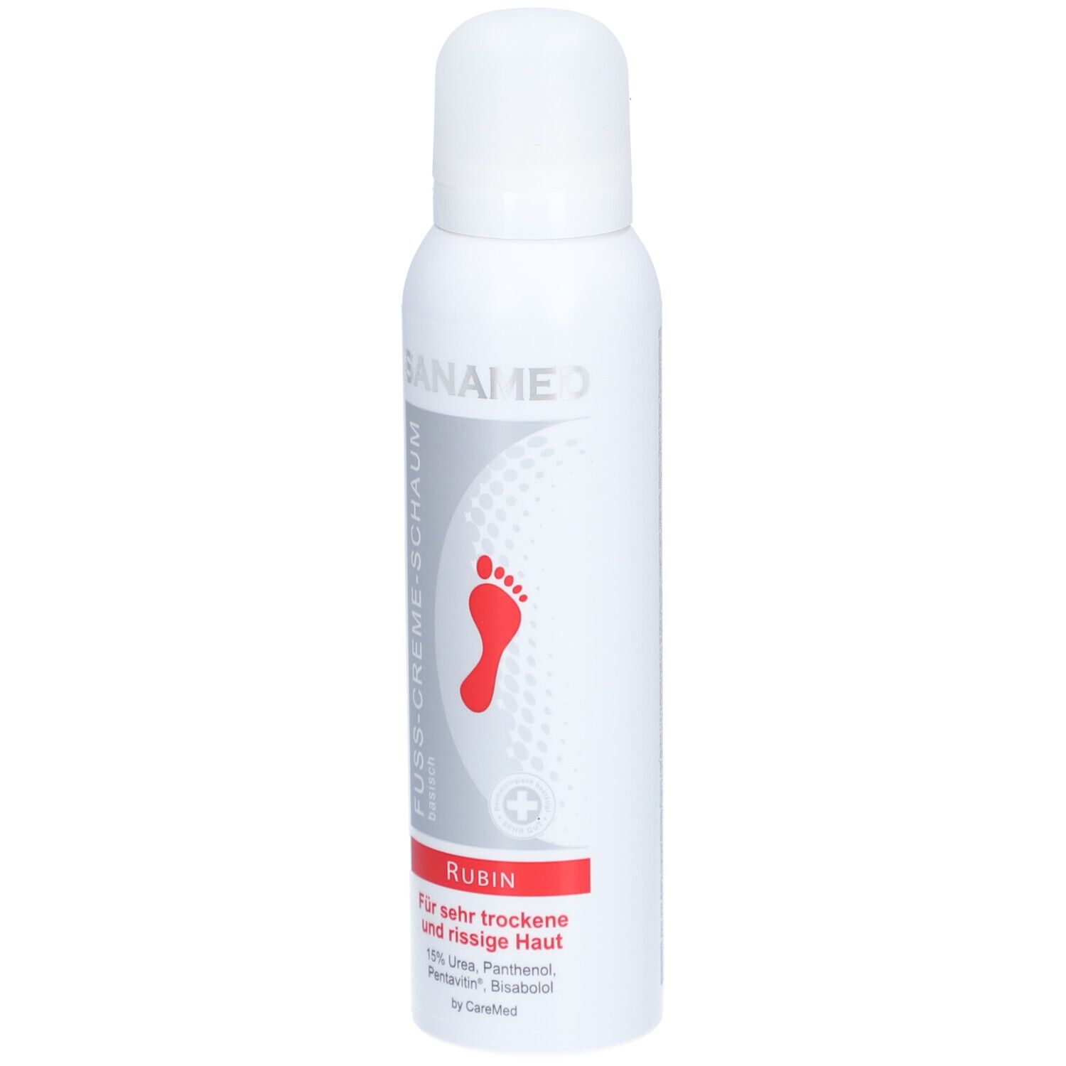 Flacon blanc avec empreinte de pied rouge. Texte: SANAMED, FUSSCREME-SCHAUM, RUBIN. Pour peau sèche et gercée.