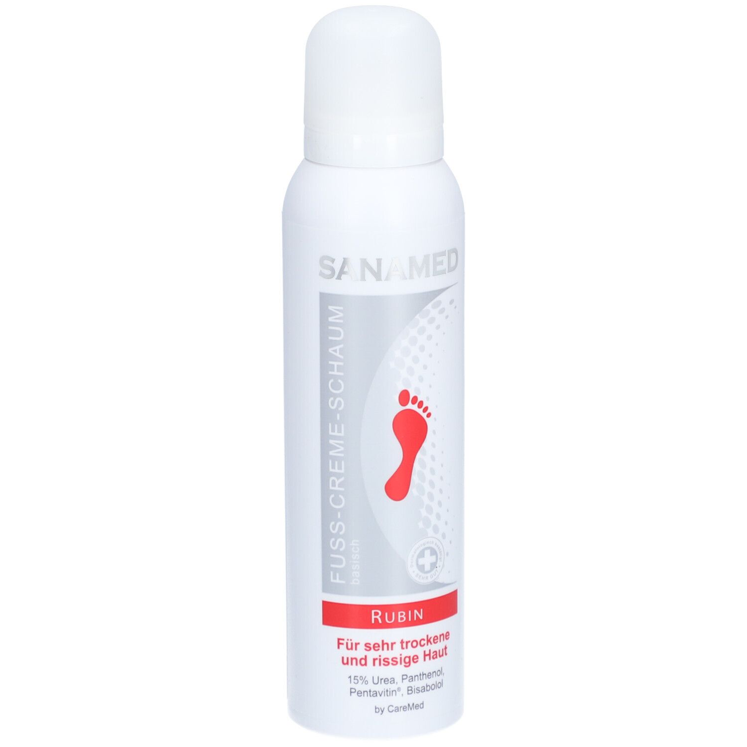 Flacon blanc avec empreinte de pied rouge. Texte: SANAMED, FUSSCREME-SCHAUM, RUBIN. Pour peau sèche et gercée.