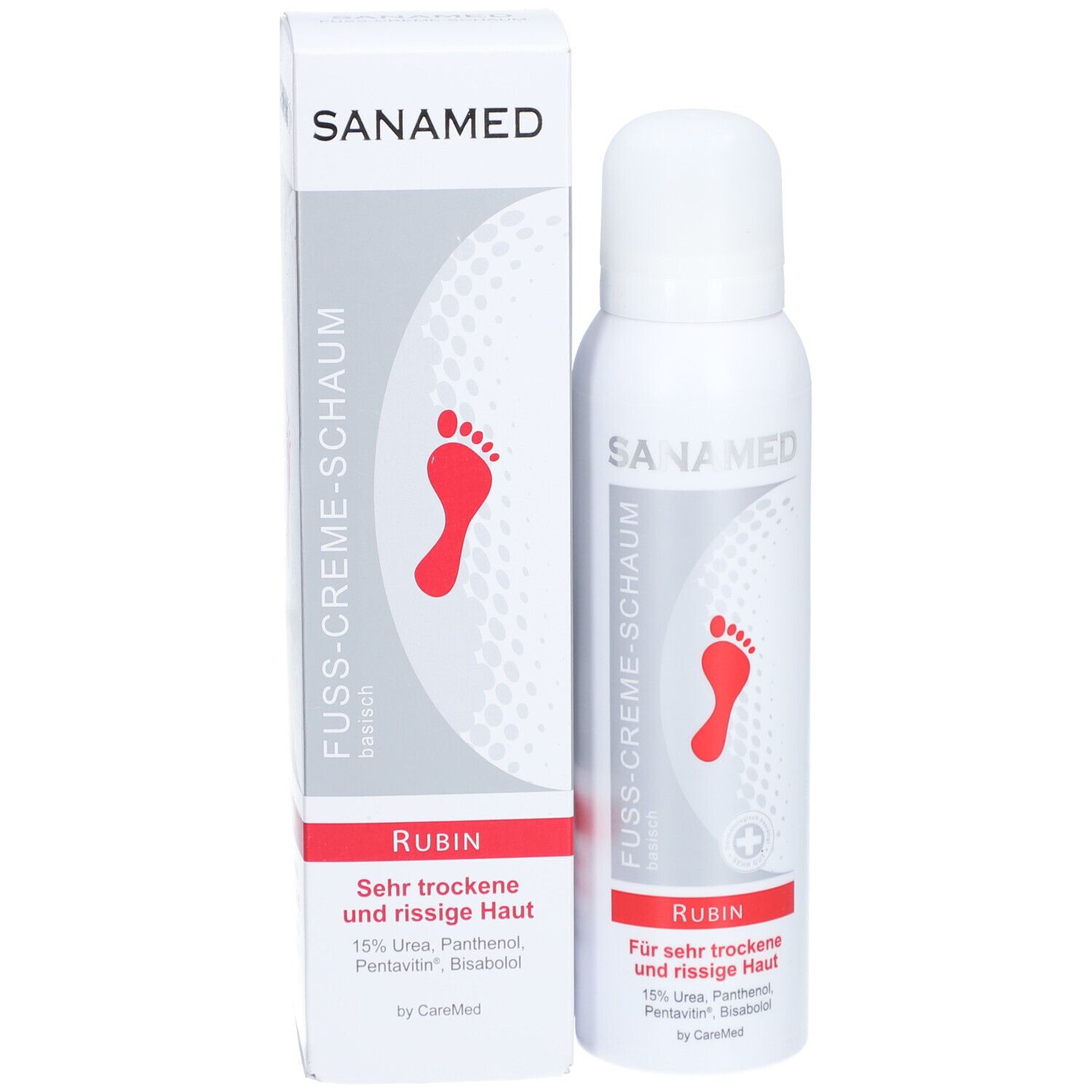 Produit avec emballage. Flacon blanc et carton. Texte: SANAMED, FUSSCREME-SCHAUM, RUBIN. Pour peau sèche.