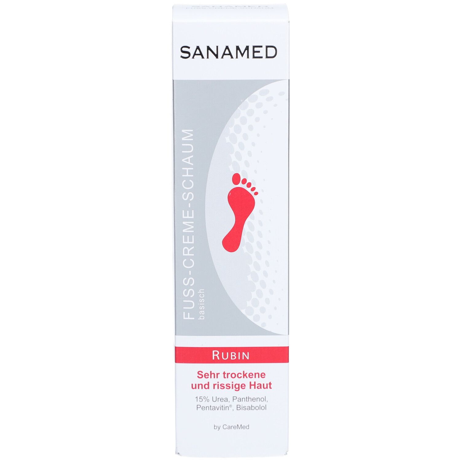 Emballage en carton. Texte: SANAMED, FUSSCREME-SCHAUM, RUBIN. Pour peau sèche et gercée. Empreinte de pied rouge.