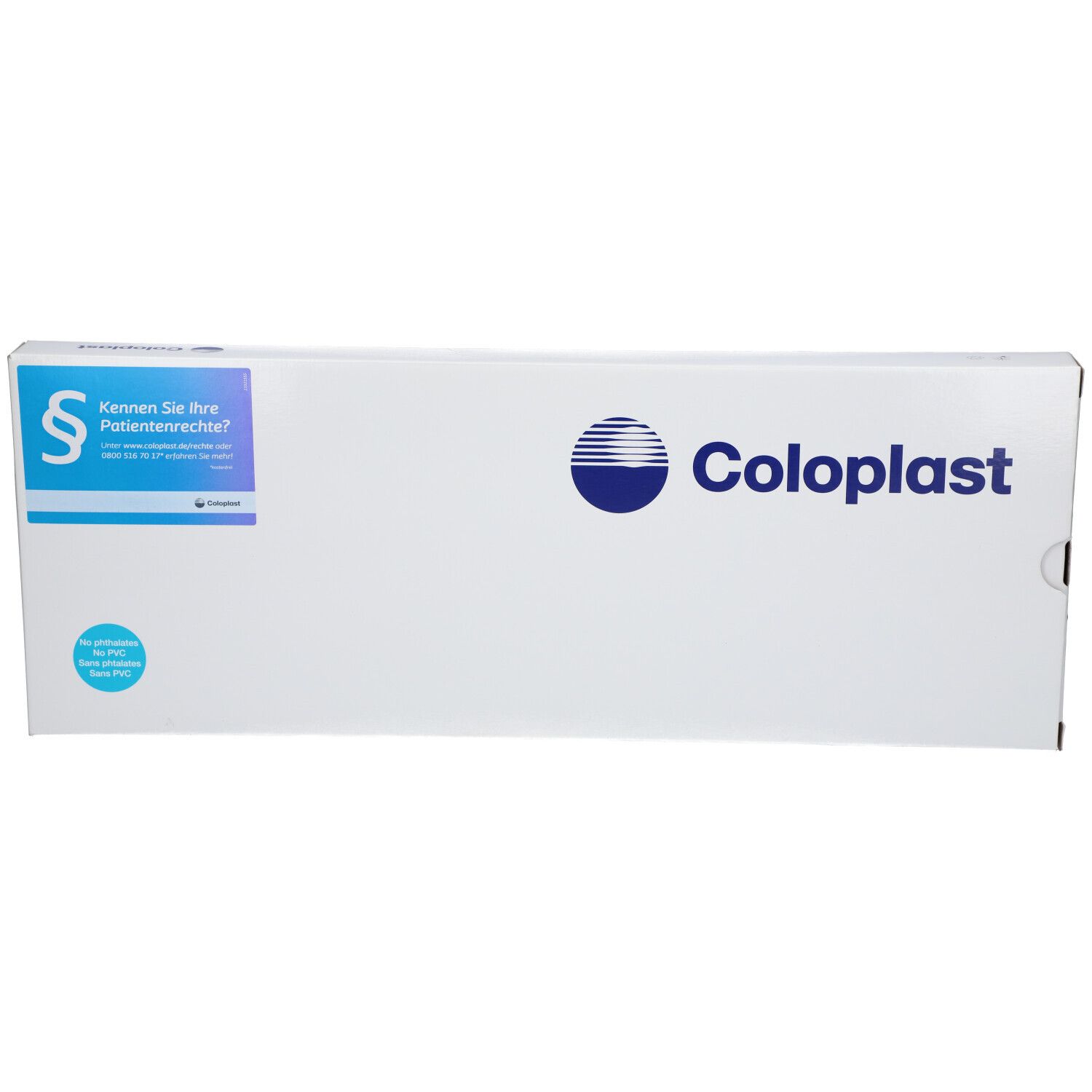 Emballage blanc avec logo bleu et texte "Coloplast". Autocollants avec texte et logo.