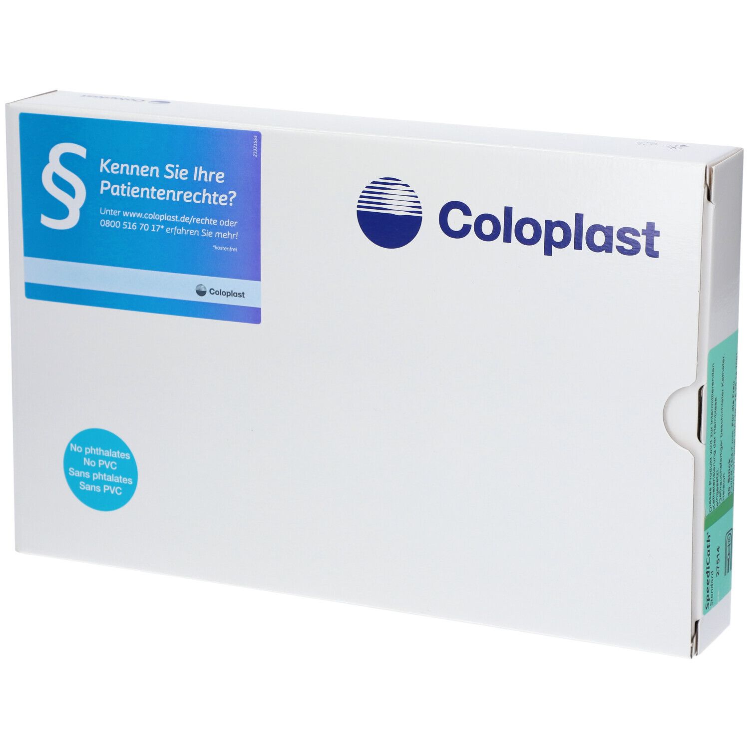 Emballage blanc Coloplast avec logo bleu et texte. Autocollant avec informations sur les droits des patients et indication PVC.