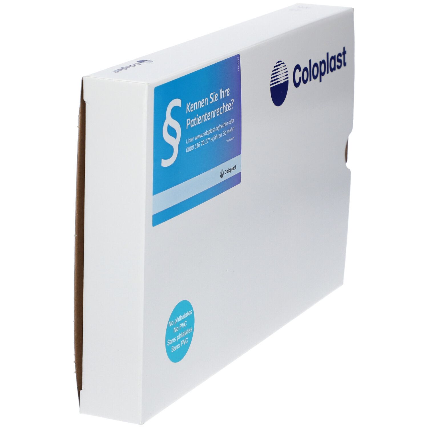 Emballage blanc Coloplast en biais. Logo et texte bleus. Autocollant avec informations sur les droits des patients et indication PVC.