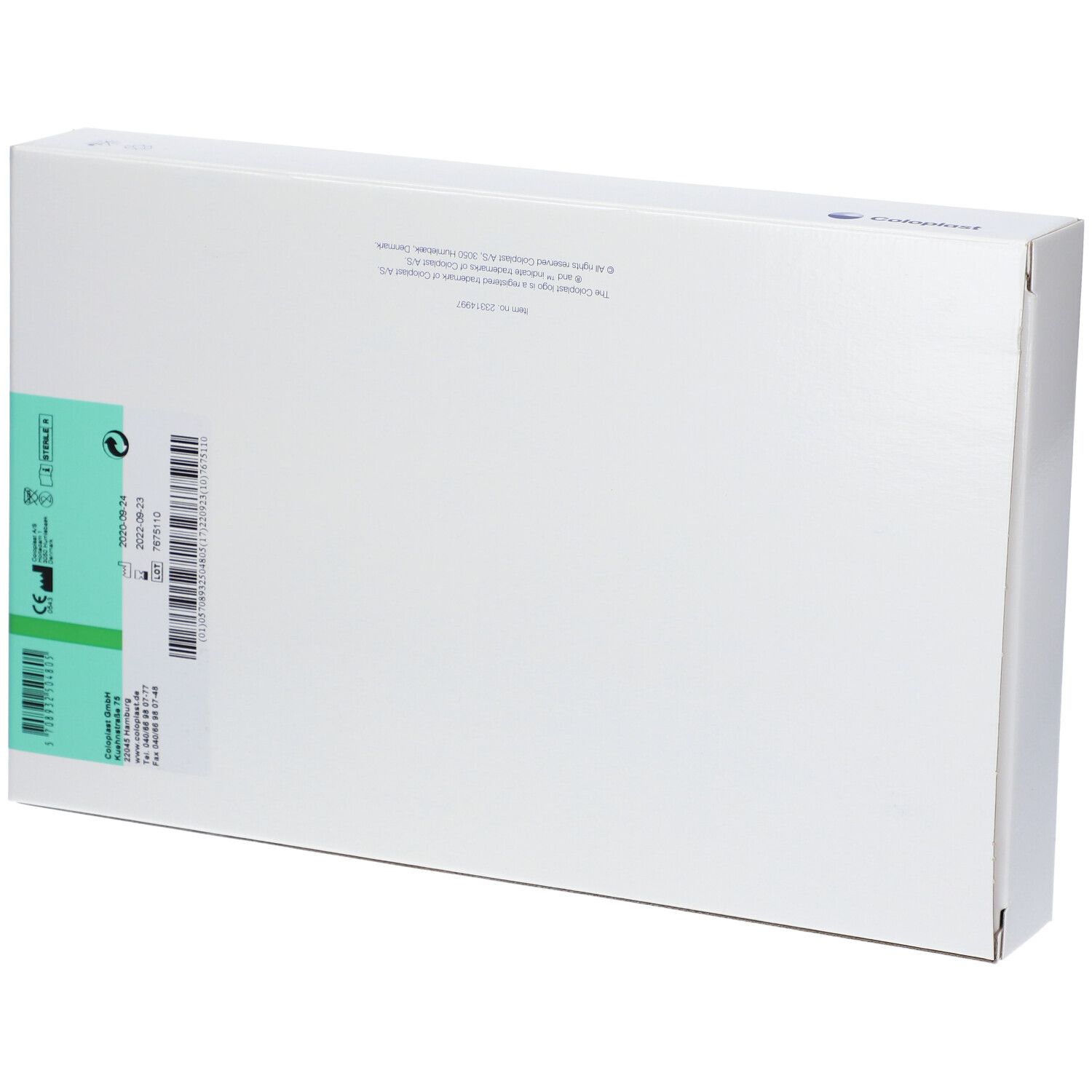 Emballage blanc, dos. Autocollants verts avec informations sur le produit et code-barres. Texte et logos.