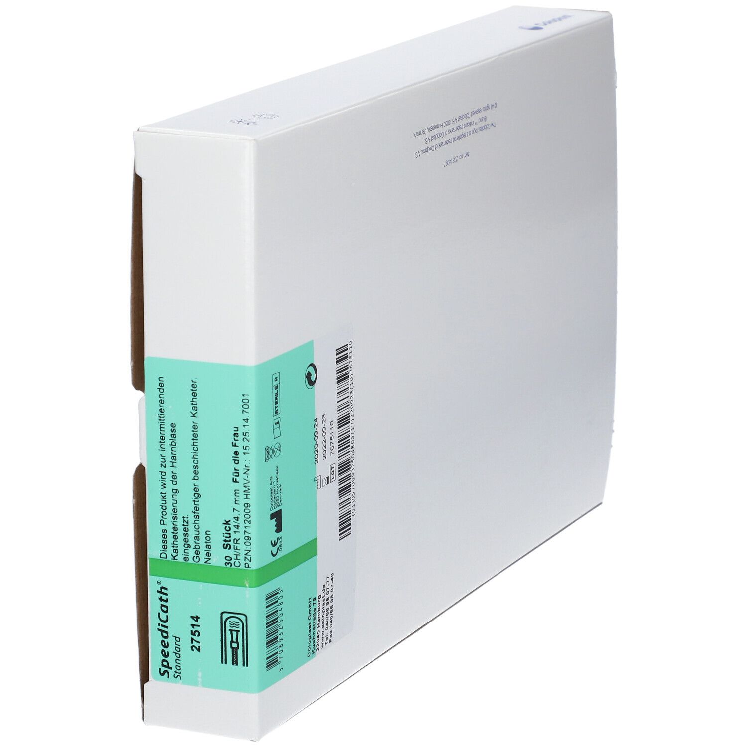 Emballage blanc, en biais. Autocollant vert avec informations sur le produit, dont 'SpeediCath'.