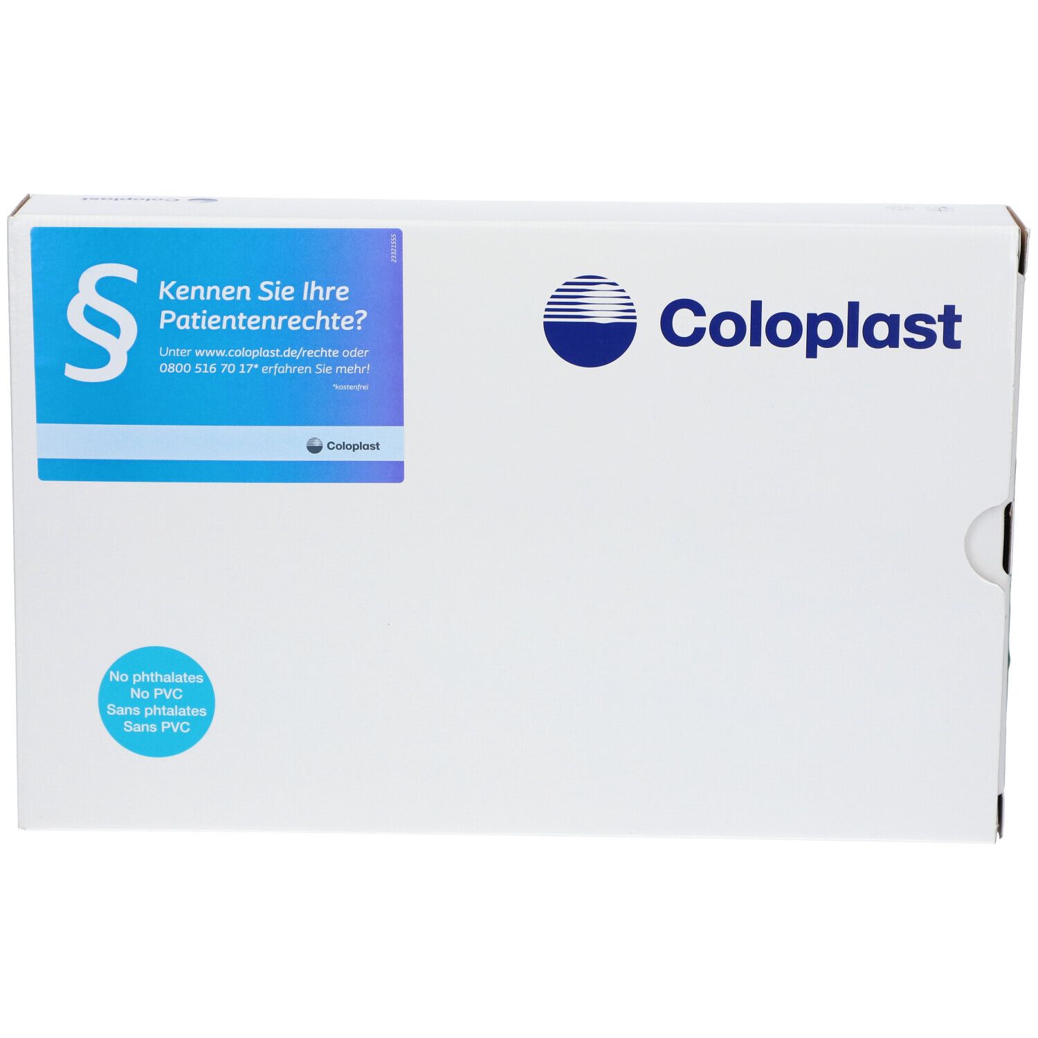 Emballage blanc Coloplast avec logo bleu et texte. Autocollant avec informations sur les droits des patients et indication PVC.