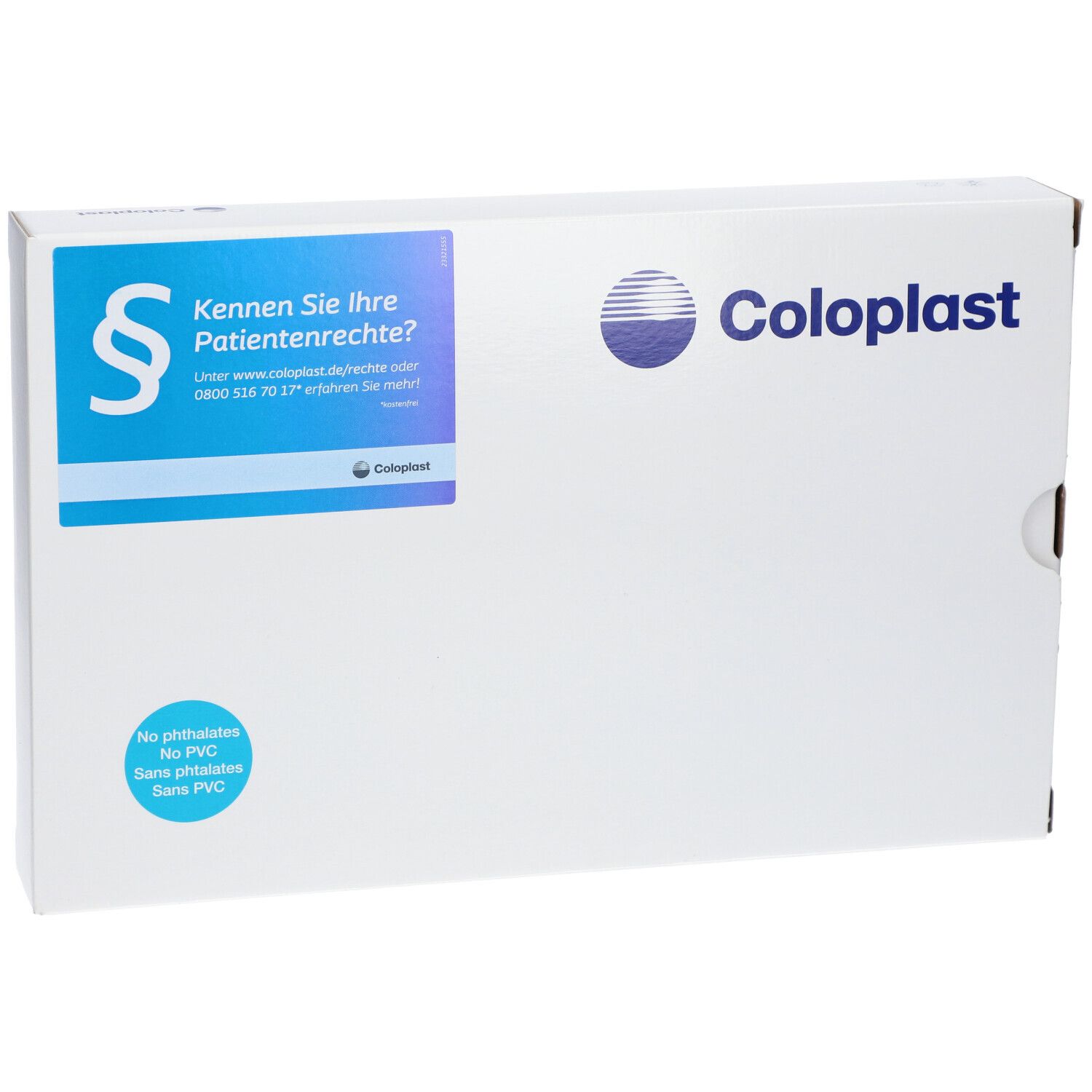 Emballage blanc Coloplast avec logo bleu et texte. Autocollant avec informations sur les droits des patients et indication PVC.
