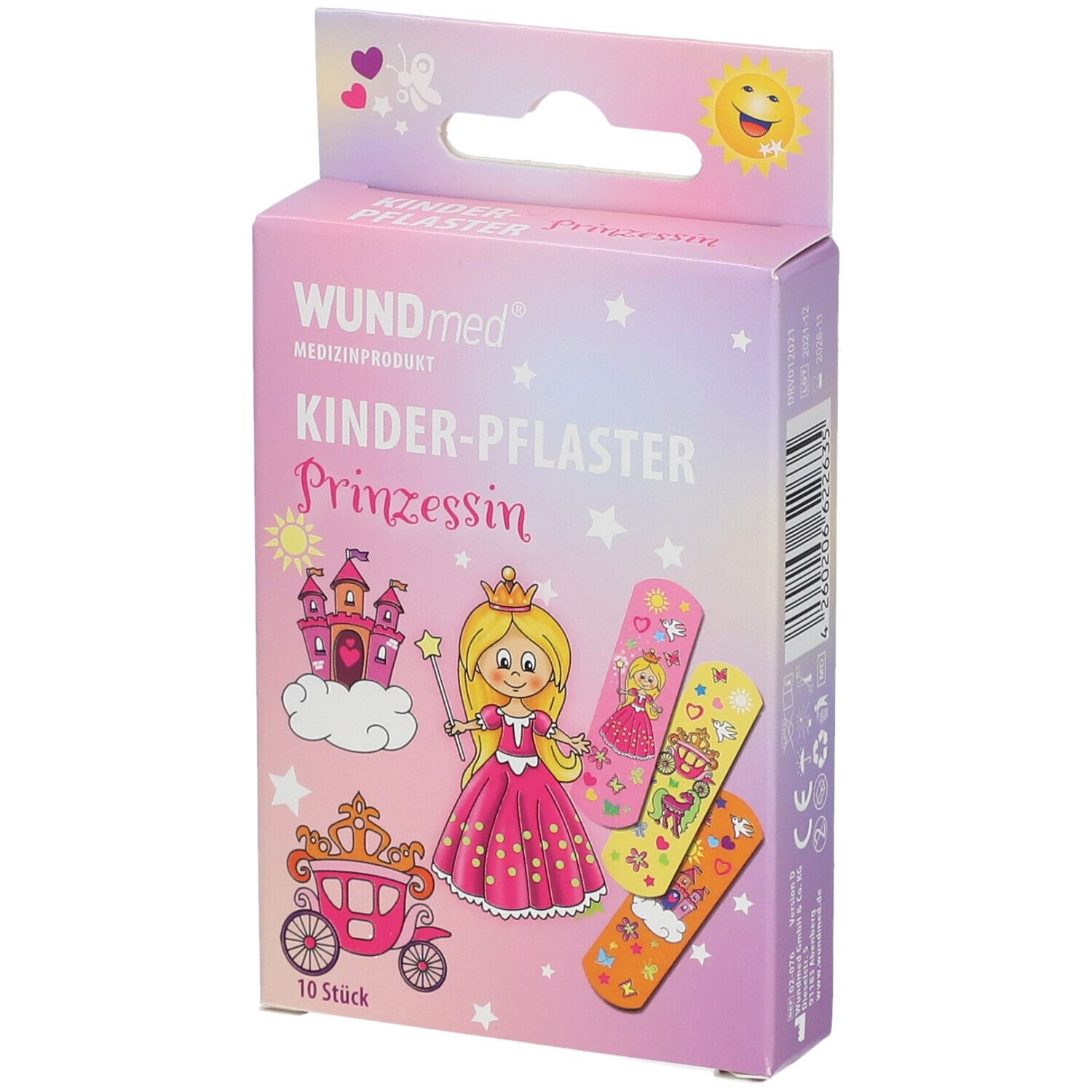 Emballage WUNDmed pansements pour enfants Princesse, 10 pièces. Montre une princesse, un château et une calèche.