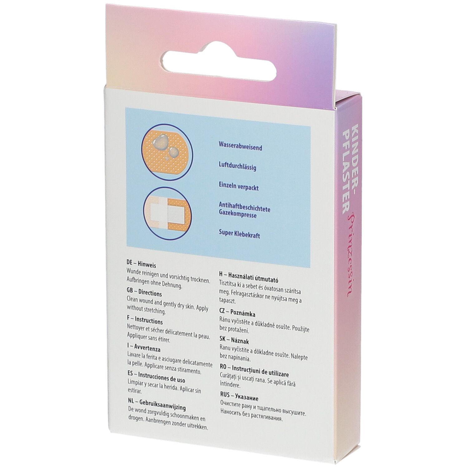 Dos de l'emballage WUNDmed pansements pour enfants Princesse. Montre les instructions d'utilisation et les caractéristiques du produit.