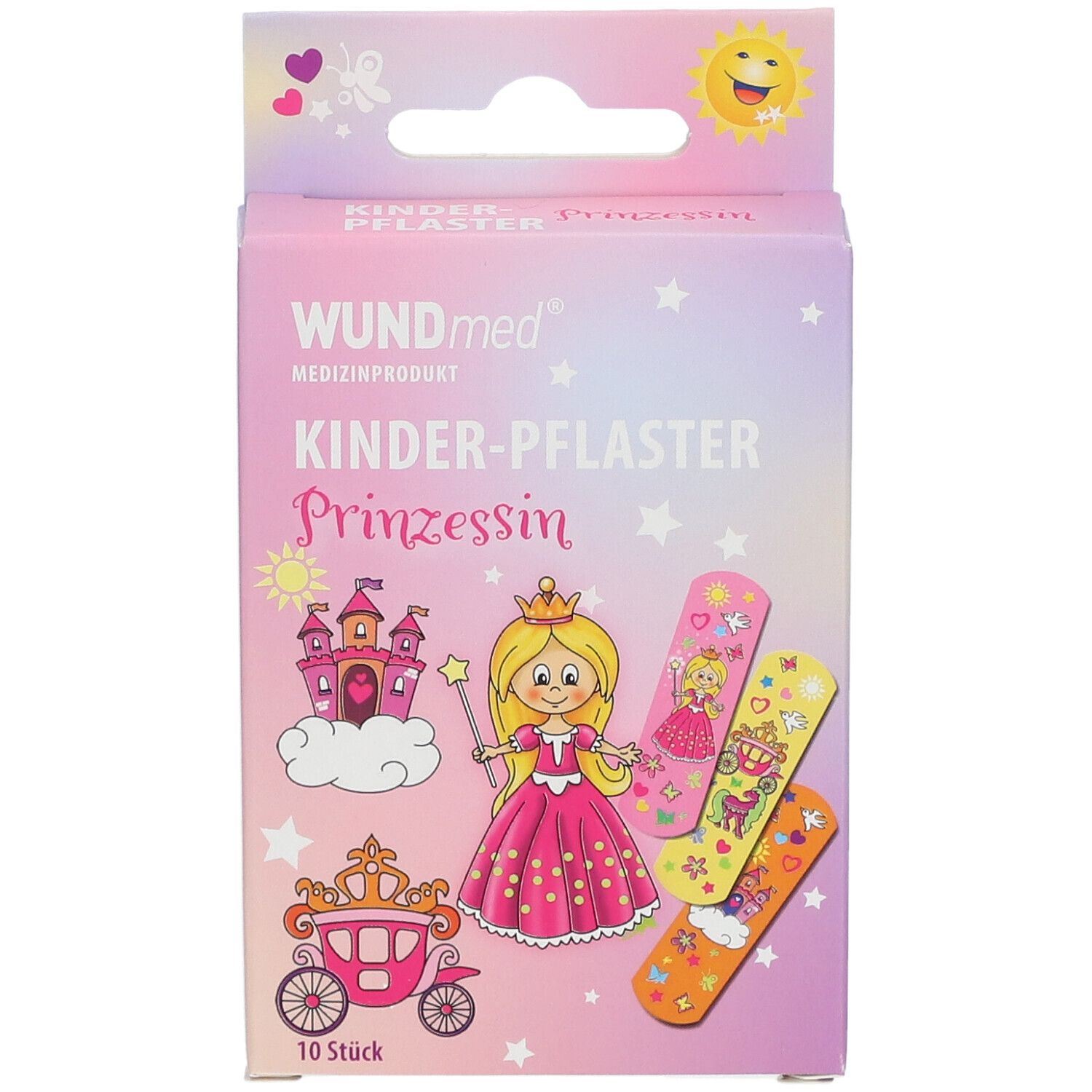 Face avant de l'emballage WUNDmed pansements pour enfants Princesse. Montre une princesse, un château et une calèche.