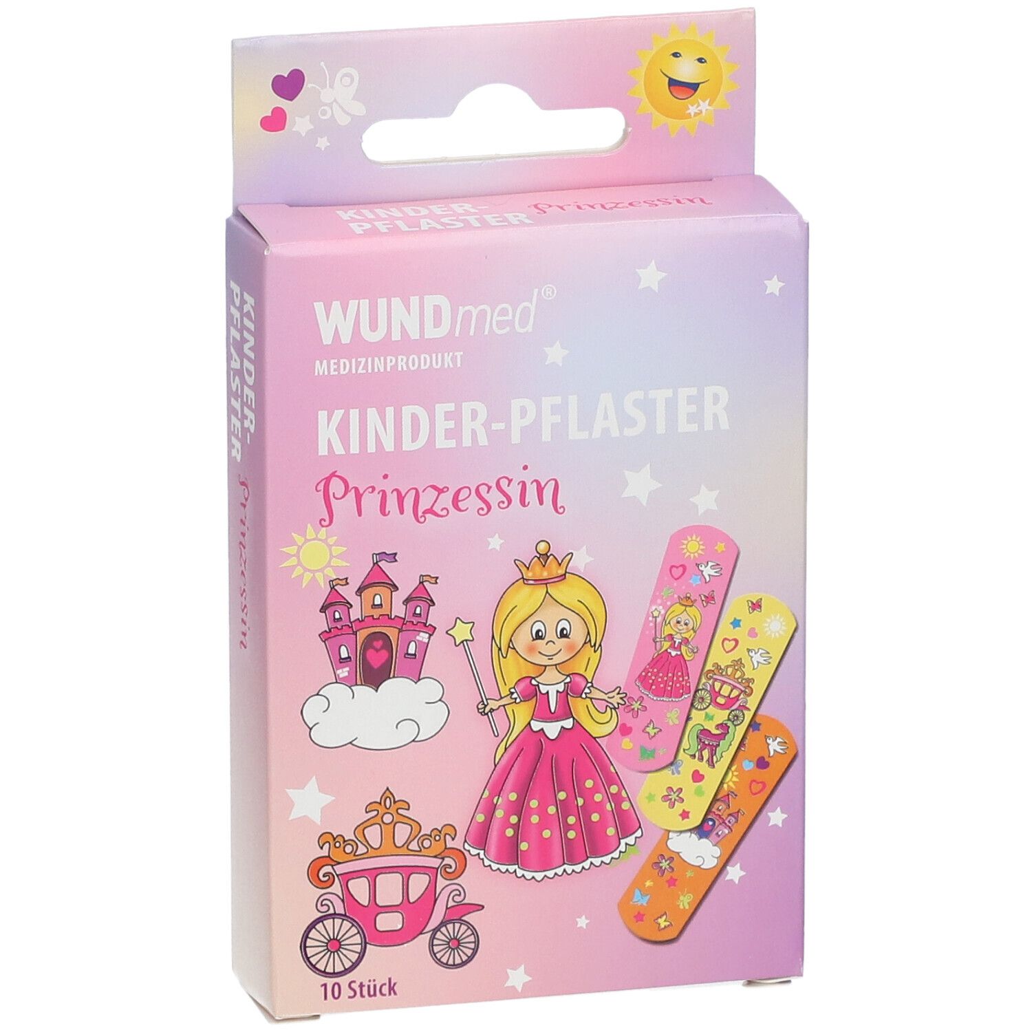 Emballage WUNDmed pansements pour enfants Princesse, 10 pièces. Montre une princesse, un château et une calèche.