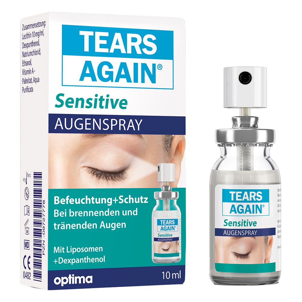 Spray oculaire et emballage. Inscription: TEARS AGAIN® Sensitive Augenspray. Flacon de 10 ml et boîte.