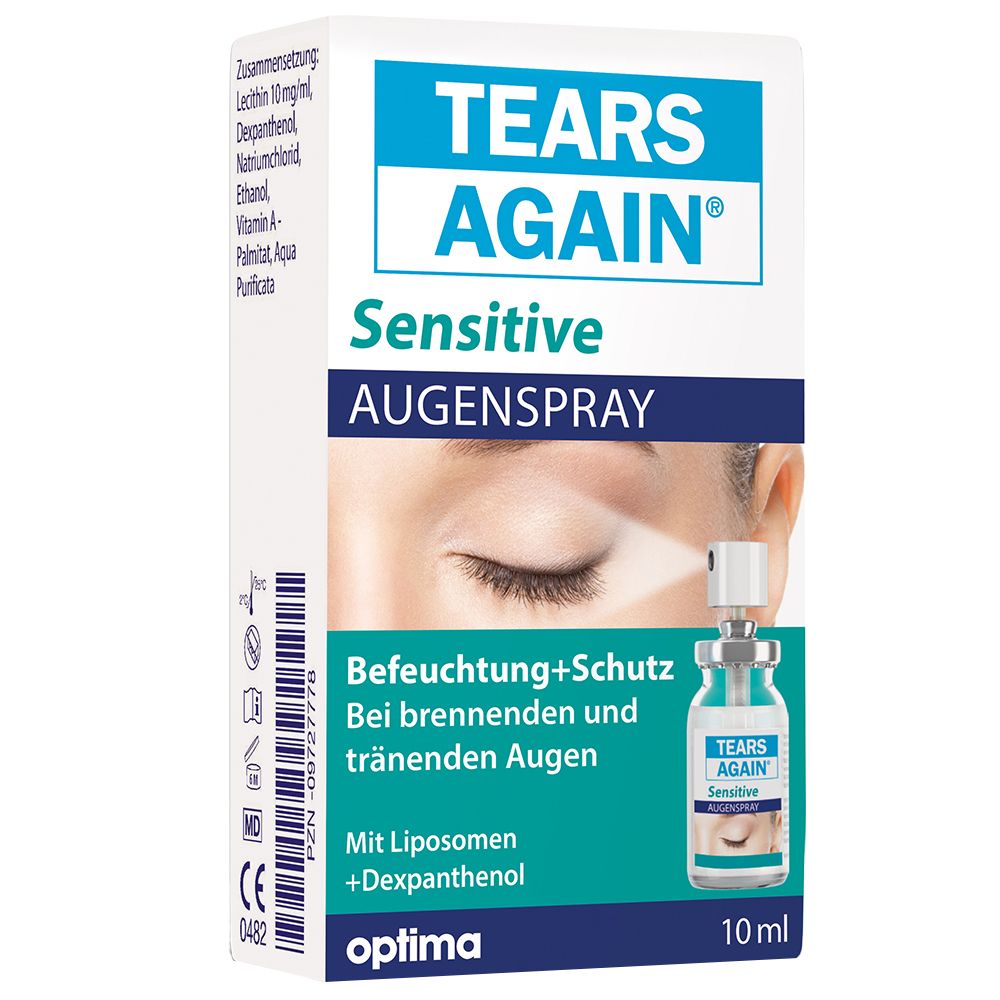 Emballage avec spray oculaire. Inscription: TEARS AGAIN® Sensitive Augenspray. Flacon de 10 ml et boîte.